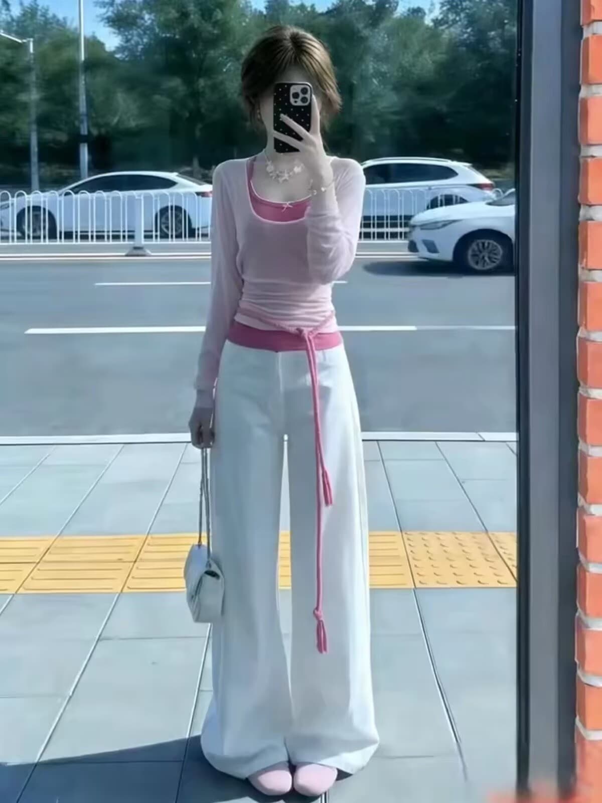 2026 새로운 밝은 자이언트 잘 생긴 아름다운 착용 가져 가라. 전체 집합 블라우스 슬립 맨위 와이드 레그 팬츠 세트 여성 여름 이미지 5