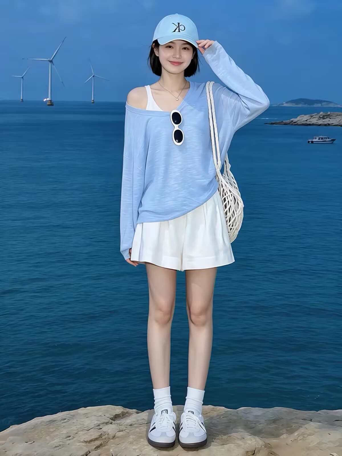 느긋한 바람 파란색 루즈핏 비스듬한 어깨 긴팔 자외선 차단 블라우스 티셔츠 여성 2026 새로운 여름 치앙마이 착용 잡아라. 의류