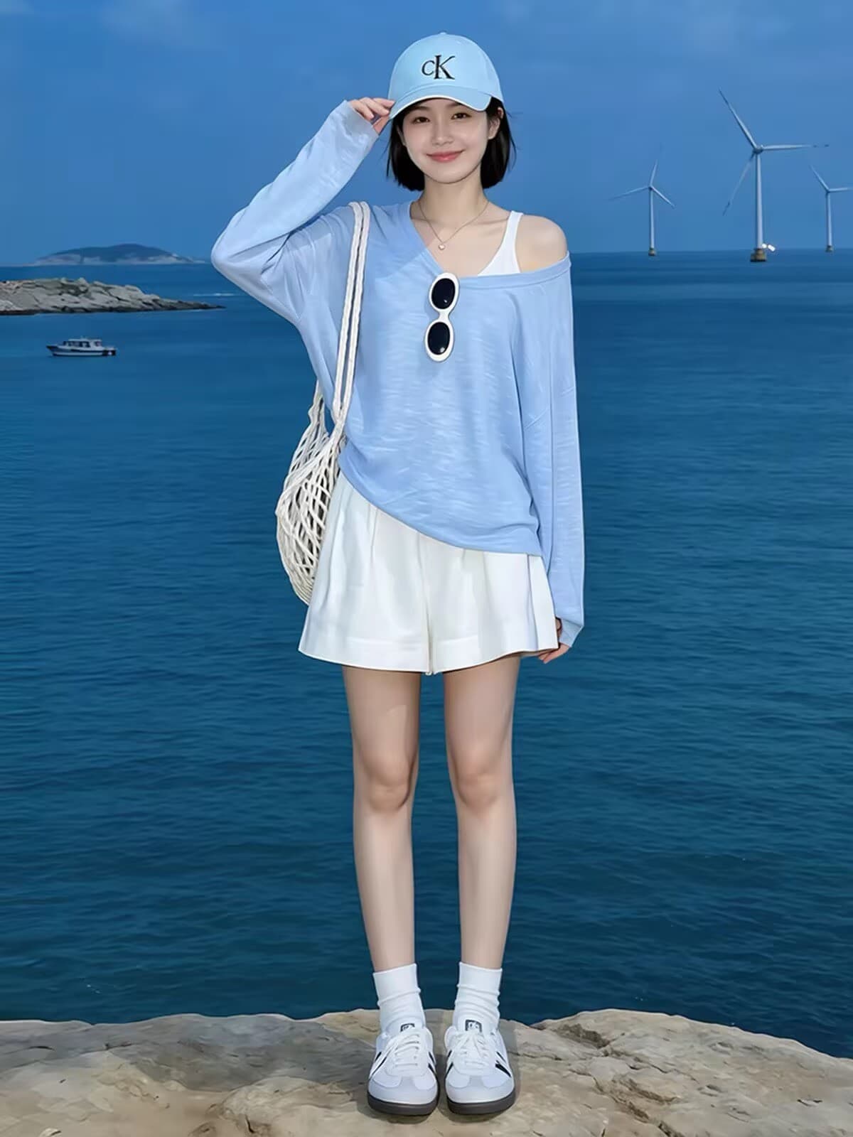 느긋한 바람 파란색 루즈핏 비스듬한 어깨 긴팔 자외선 차단 블라우스 티셔츠 여성 2026 새로운 여름 치앙마이 착용 잡아라. 의류 이미지 3