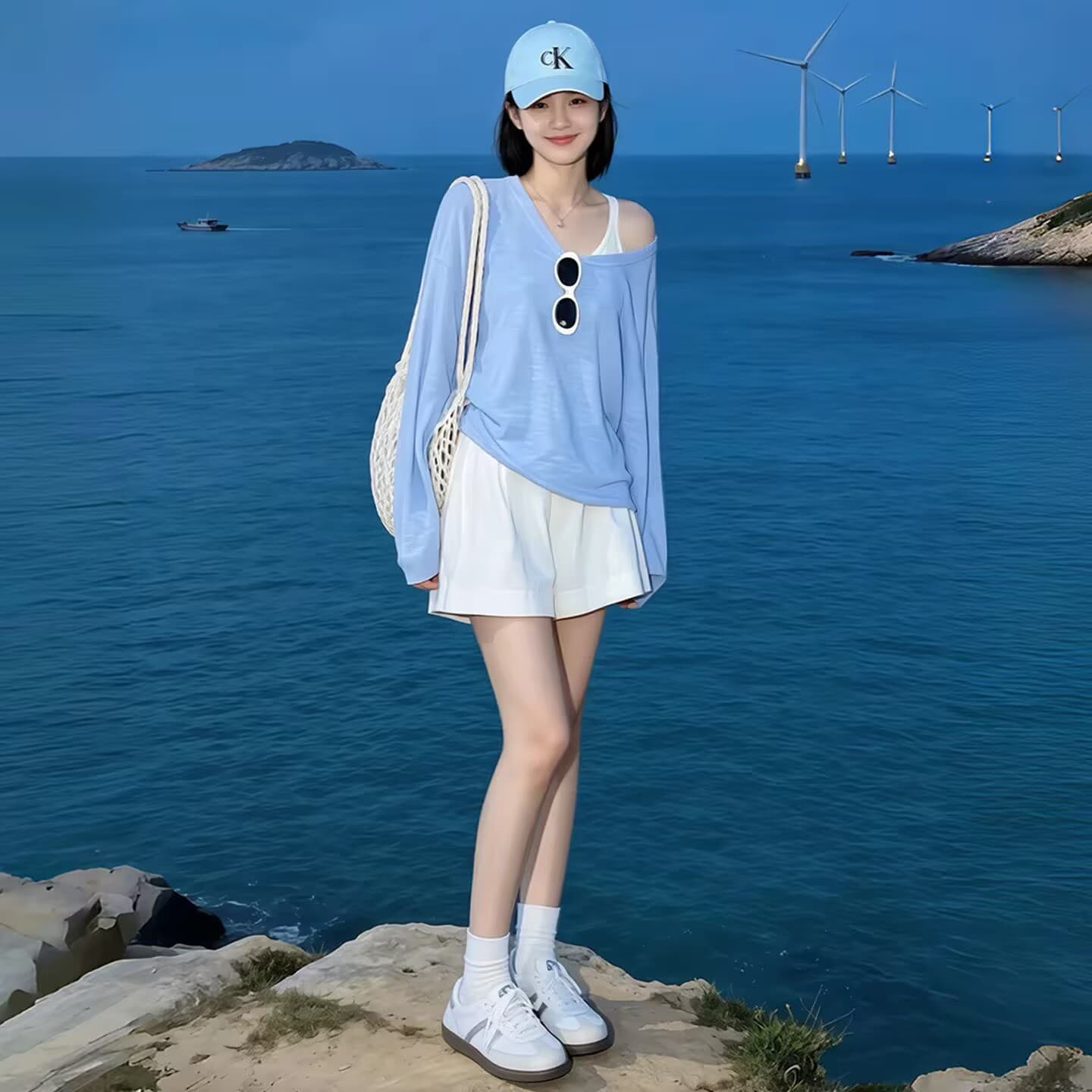 느긋한 바람 파란색 루즈핏 비스듬한 어깨 긴팔 자외선 차단 블라우스 티셔츠 여성 2026 새로운 여름 치앙마이 착용 잡아라. 의류 상세 이미지 2