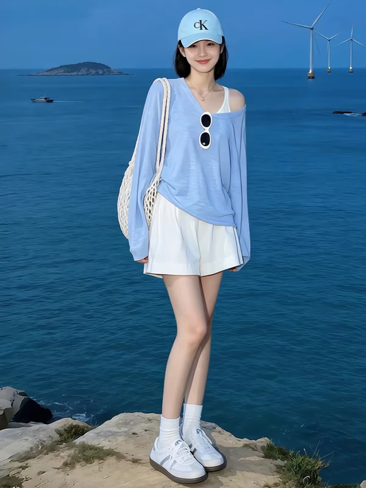 느긋한 바람 파란색 루즈핏 비스듬한 어깨 긴팔 자외선 차단 블라우스 티셔츠 여성 2026 새로운 여름 치앙마이 착용 잡아라. 의류 상세 이미지 3