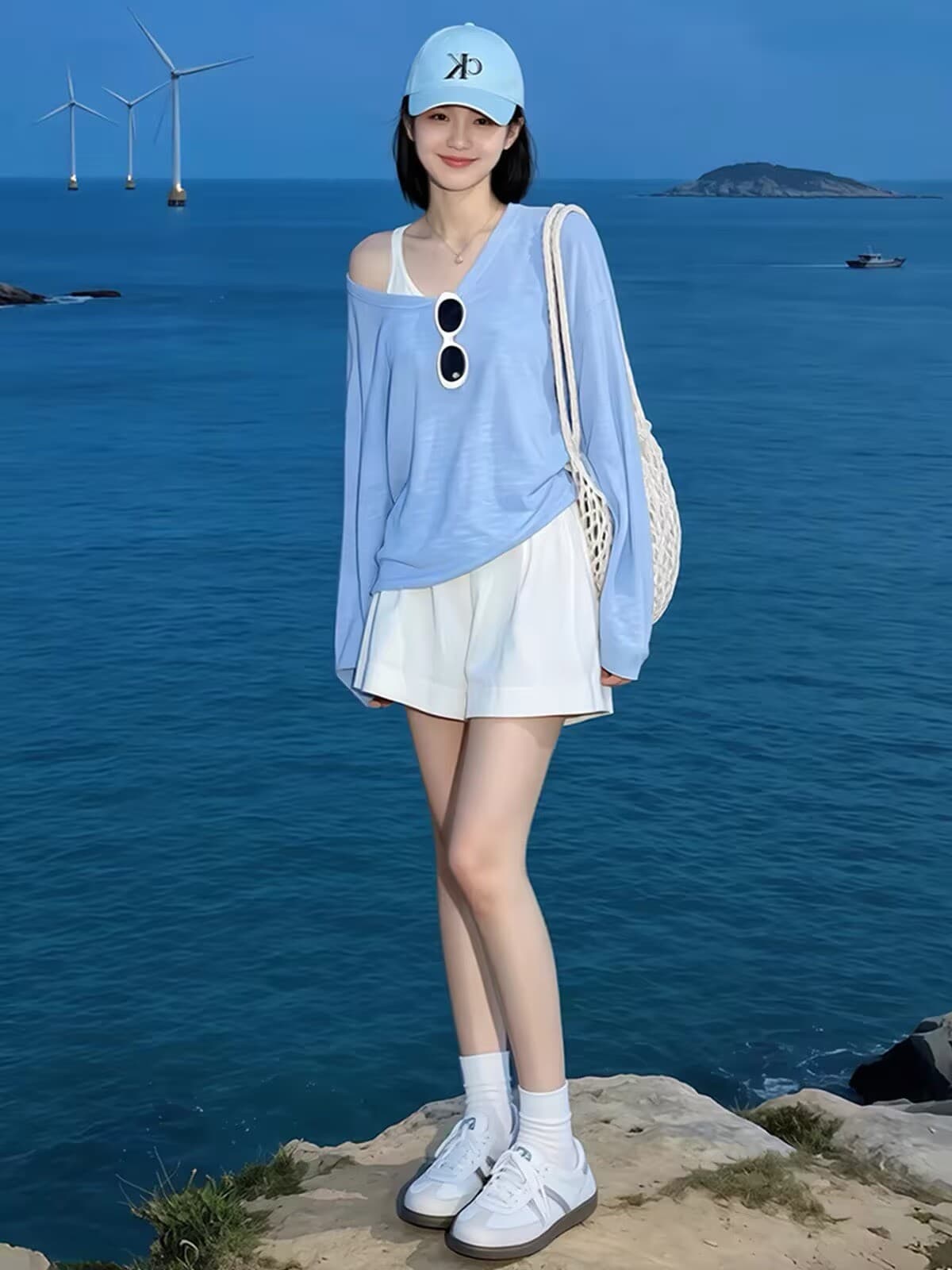 느긋한 바람 파란색 루즈핏 비스듬한 어깨 긴팔 자외선 차단 블라우스 티셔츠 여성 2026 새로운 여름 치앙마이 착용 잡아라. 의류 상세 이미지 7