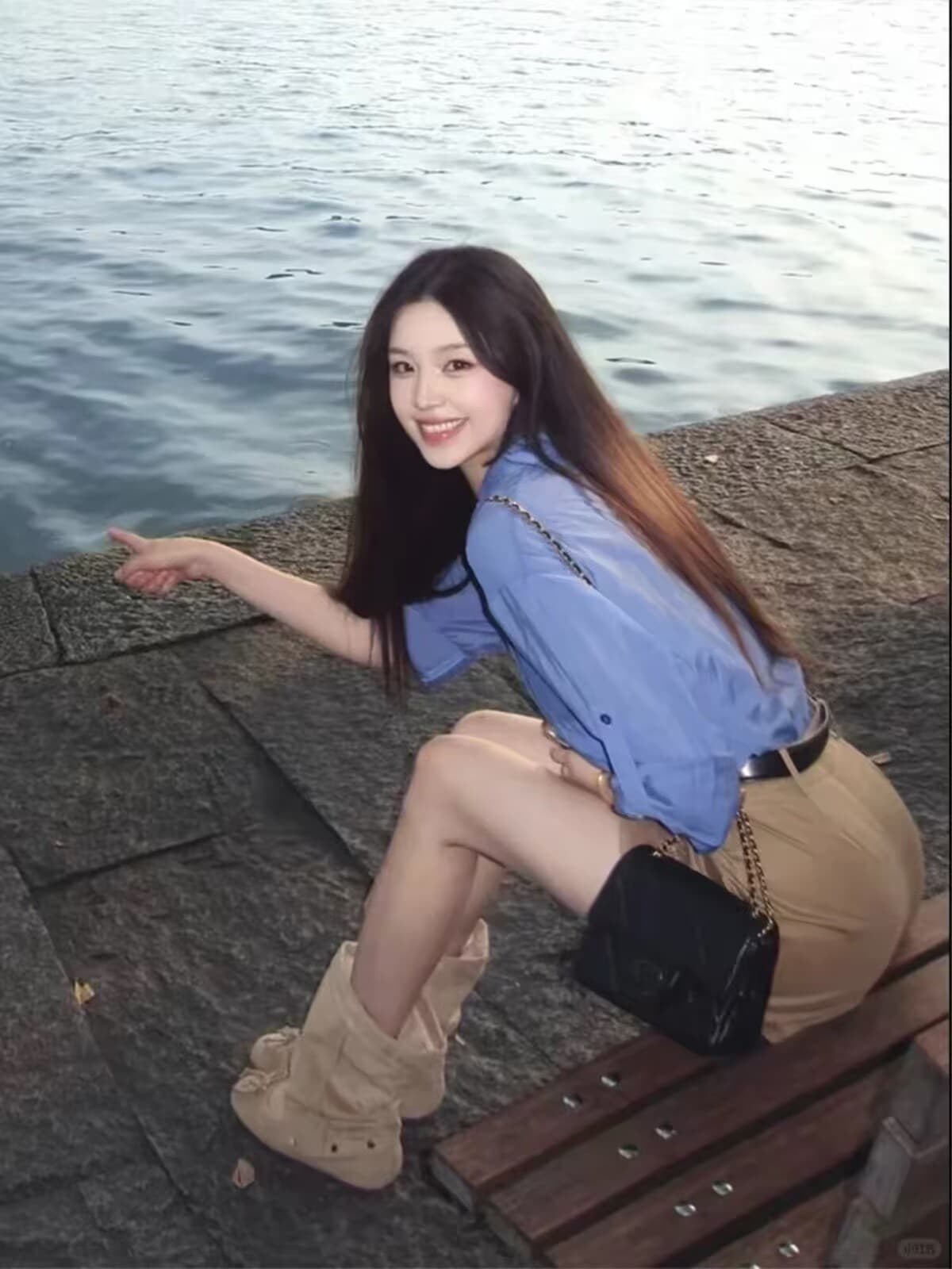 고급 센스 톰 글 래 원인 블루 긴팔 여성 셔츠 여름 루즈핏 자외선 차단 셔츠 재킷 카키 색 미니 스커트 투피스 세트 이미지 3