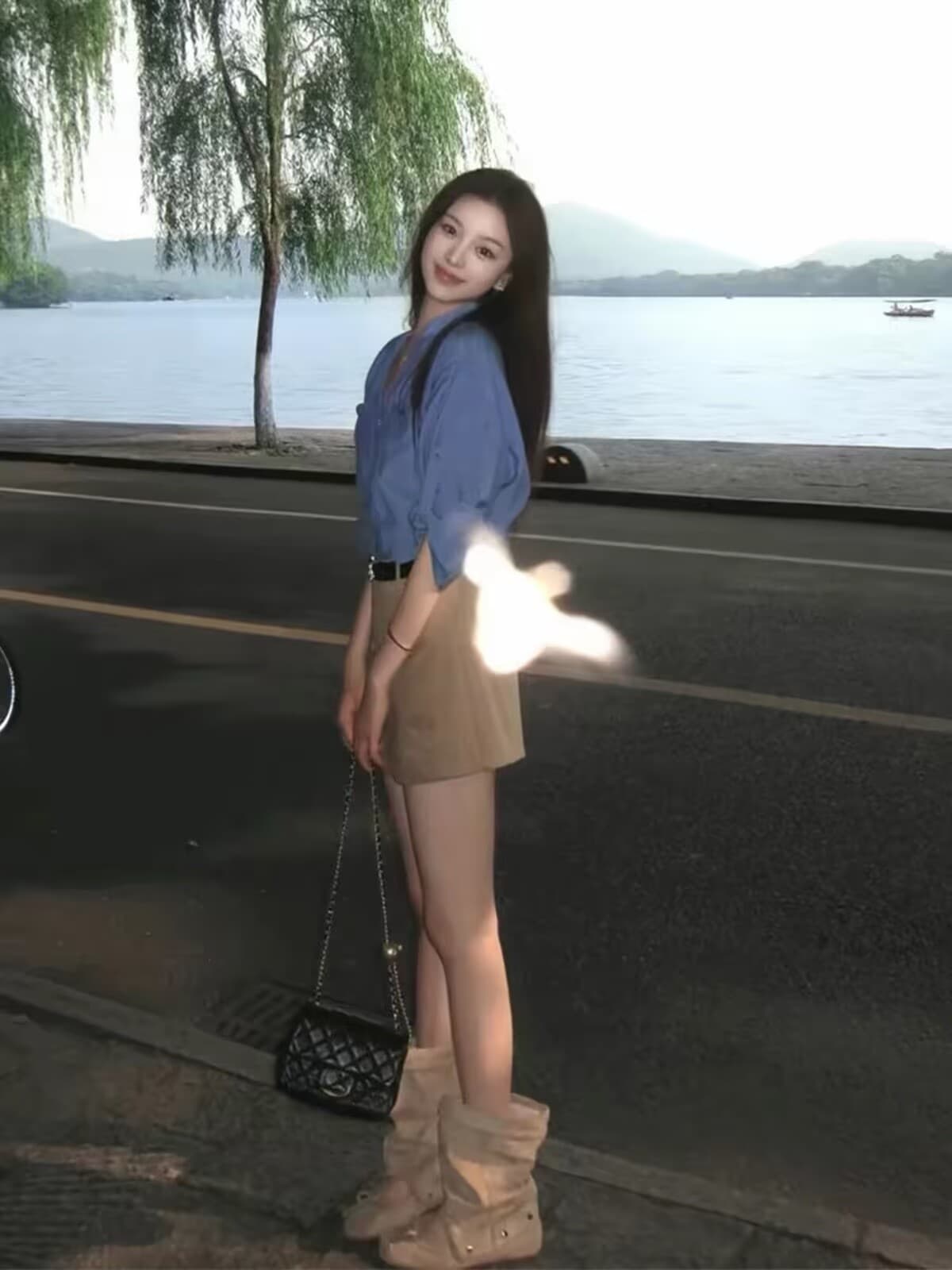 고급 센스 톰 글 래 원인 블루 긴팔 여성 셔츠 여름 루즈핏 자외선 차단 셔츠 재킷 카키 색 미니 스커트 투피스 세트 이미지 5