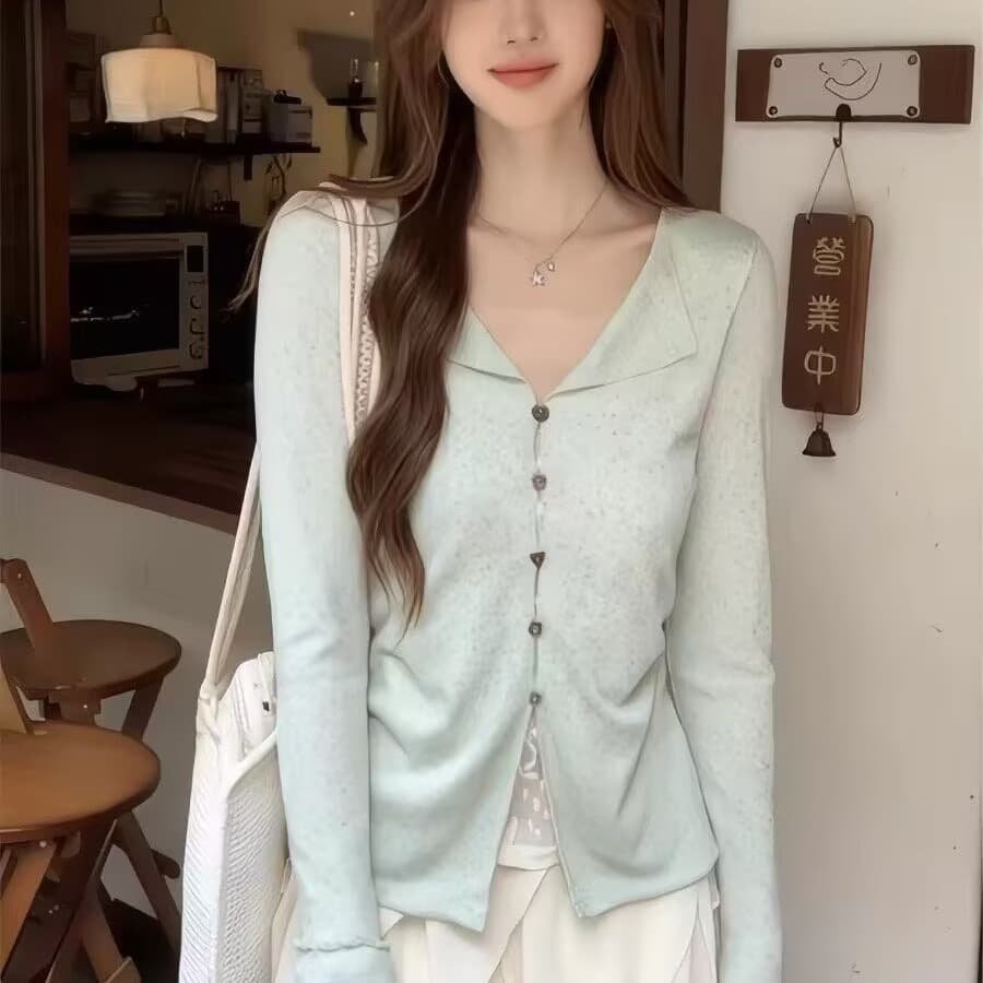 한 부서 자이언트 잘 생긴 ~ 중 박하 녹색 폴로 칼라 맨위 여성 2026 년 봄 새로운 긴팔 작은 셔츠 디자인 센스 작은 대중 이미지 6