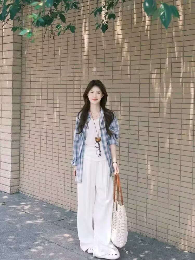이른 가을 코디 전체 집합 파란색 체크무늬 셔츠 화이트 인사이드 가져 가라. 와이드 레그 팬츠 세 조각 대양 품격 부담하지 마세요. 느긋한 바람 상세 이미지 5