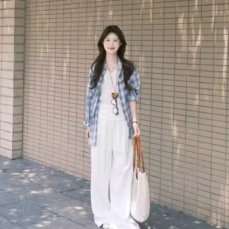 이른 가을 코디 전체 집합 파란색 체크무늬 셔츠 화이트 인사이드 가져 가라. 와이드 레그 팬츠 세 조각 대양 품격 부담하지 마세요. 느긋한 바람 상세 이미지 7