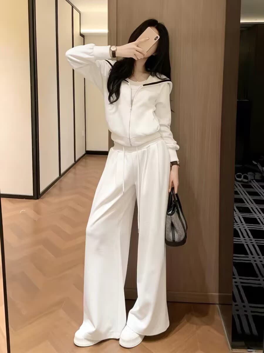 한 부서 그레이트 통해보기 가져 가라. 전체 집합 이른 가을 2026 새로운 화이트 후드티 맨위 여성 와이드 레그 팬츠 캐주얼 세트 이미지 3