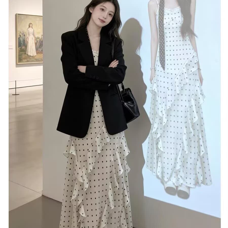이른 가을 착용 가져 가라. 전체 집합 2026 새로운 한 부서 품격 부유 한 가족 천 골드 센스 정장 드레스 투피스 세트 이미지 6