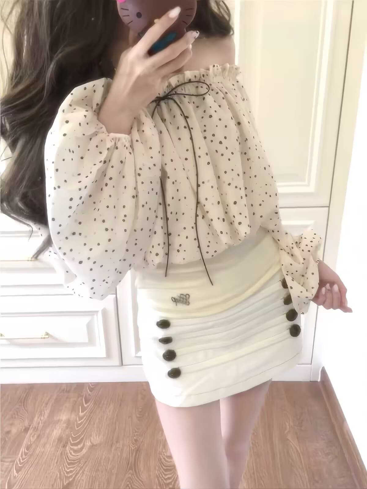 이른 가을 한 부서 착용 가져 가라. 에이즈 환자 세트 미니 스커트 세트 오프숄더 도트 무늬 블라우스 맨위 반신 치마바지 투피스 세트 이미지 3