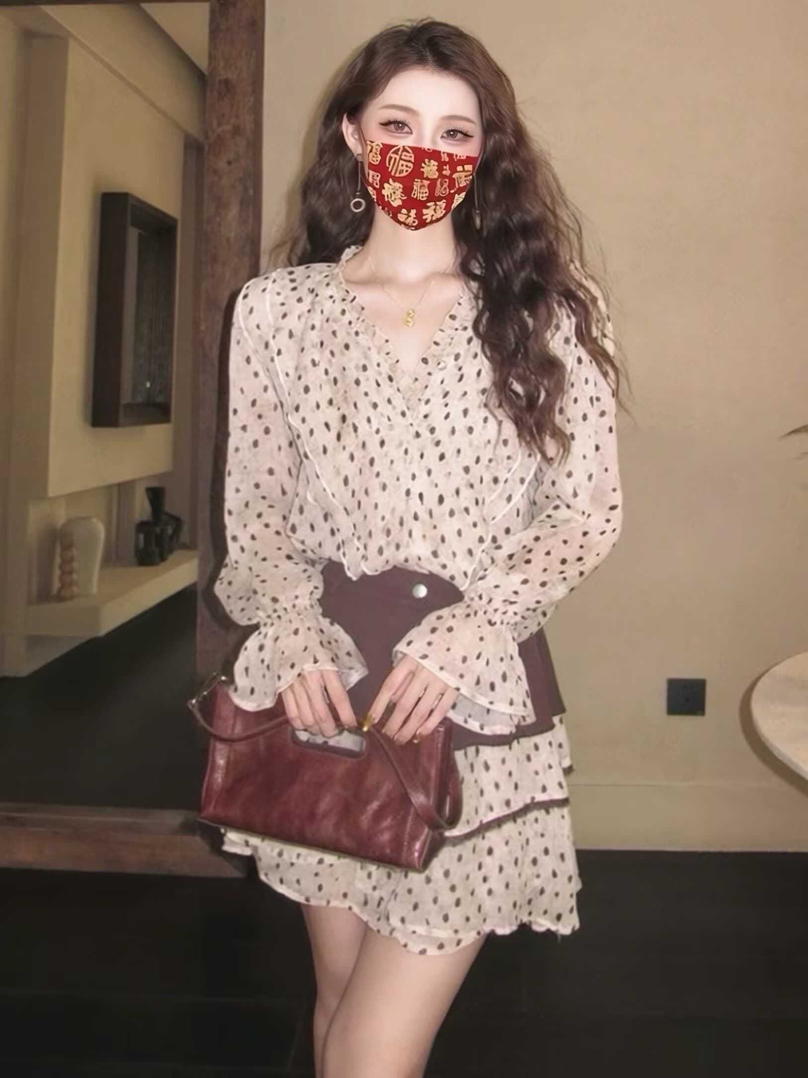 소금 부서 빛 요리 한 아름다운 세트 이른 가을 프랑스식 고급 센스 도트 무늬 품격 긴팔 셔츠 방귀 커튼 미니 스커트 투피스 세트 상세 이미지 2