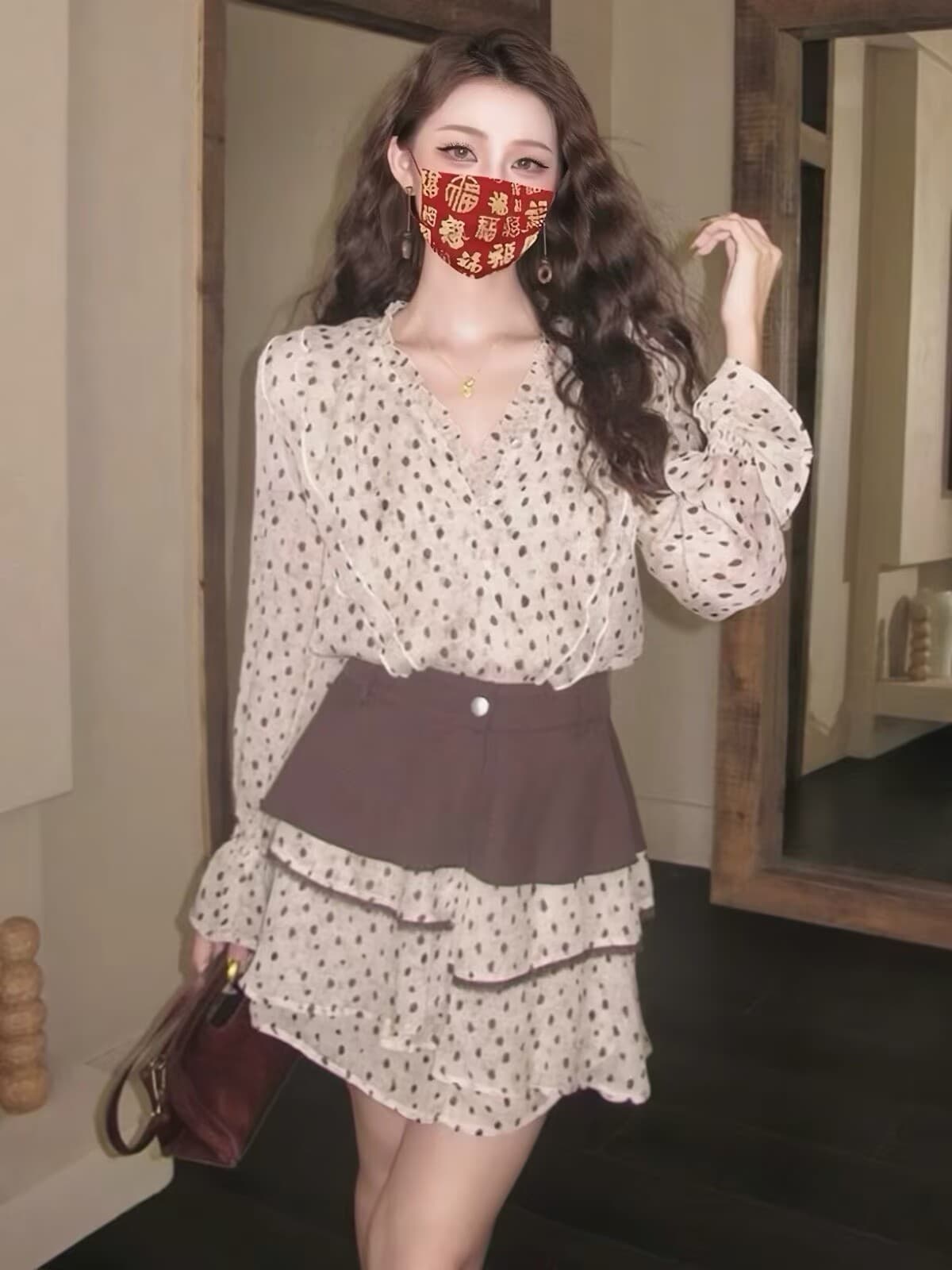 소금 부서 빛 요리 한 아름다운 세트 이른 가을 프랑스식 고급 센스 도트 무늬 품격 긴팔 셔츠 방귀 커튼 미니 스커트 투피스 세트 상세 이미지 3