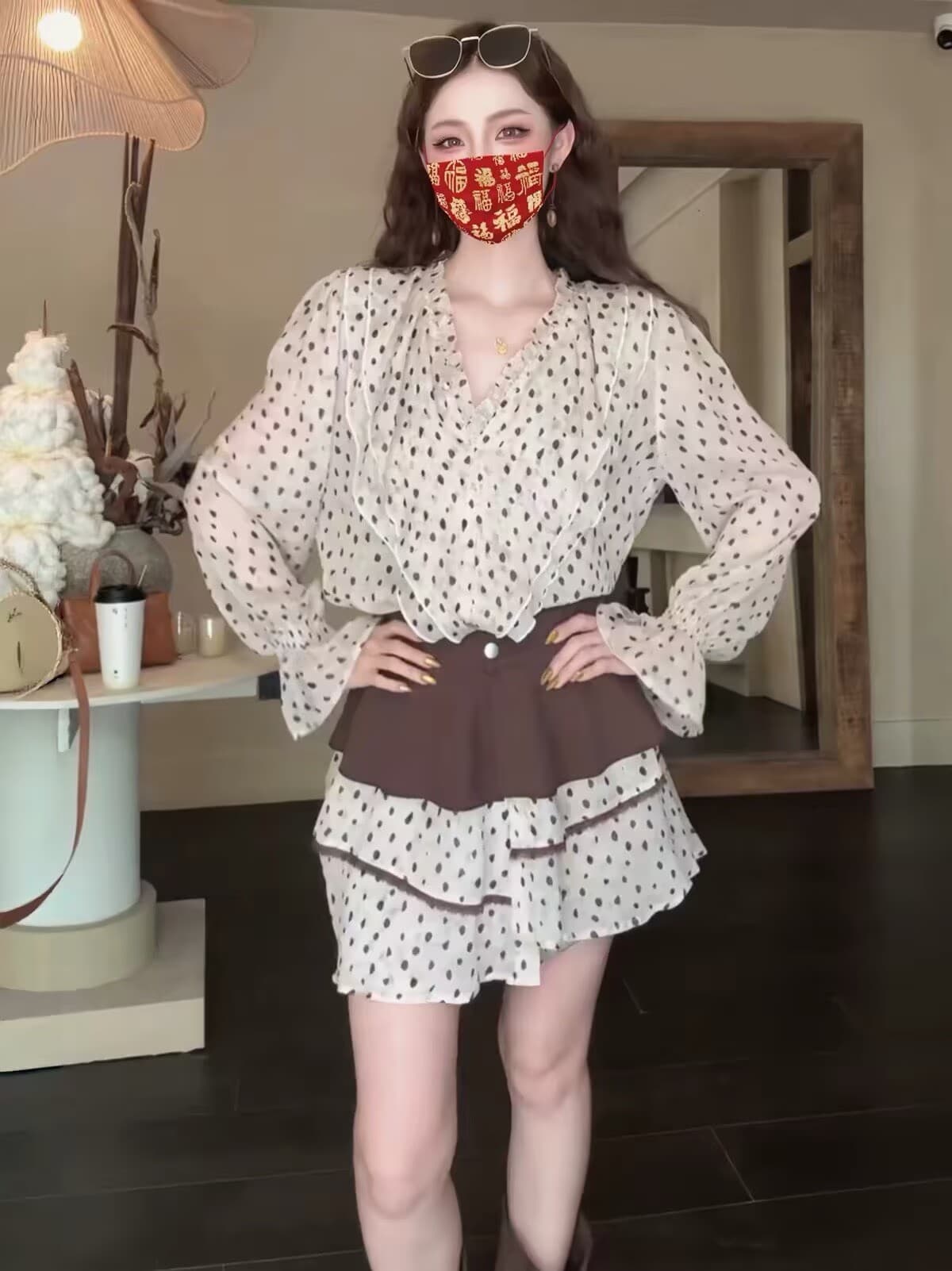 소금 부서 빛 요리 한 아름다운 세트 이른 가을 프랑스식 고급 센스 도트 무늬 품격 긴팔 셔츠 방귀 커튼 미니 스커트 투피스 세트 상세 이미지 5