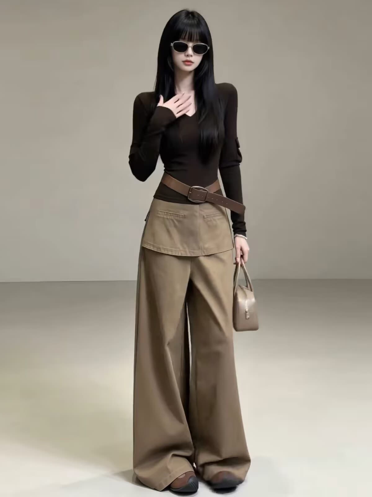 자이언트 잘 생긴 ootd 이른 가을 착용 가져 가라. 전체 집합 2026 새로운 V넥 긴팔 맨위 여성 와이드 레그 팬츠 투피스 슈트 이미지 5