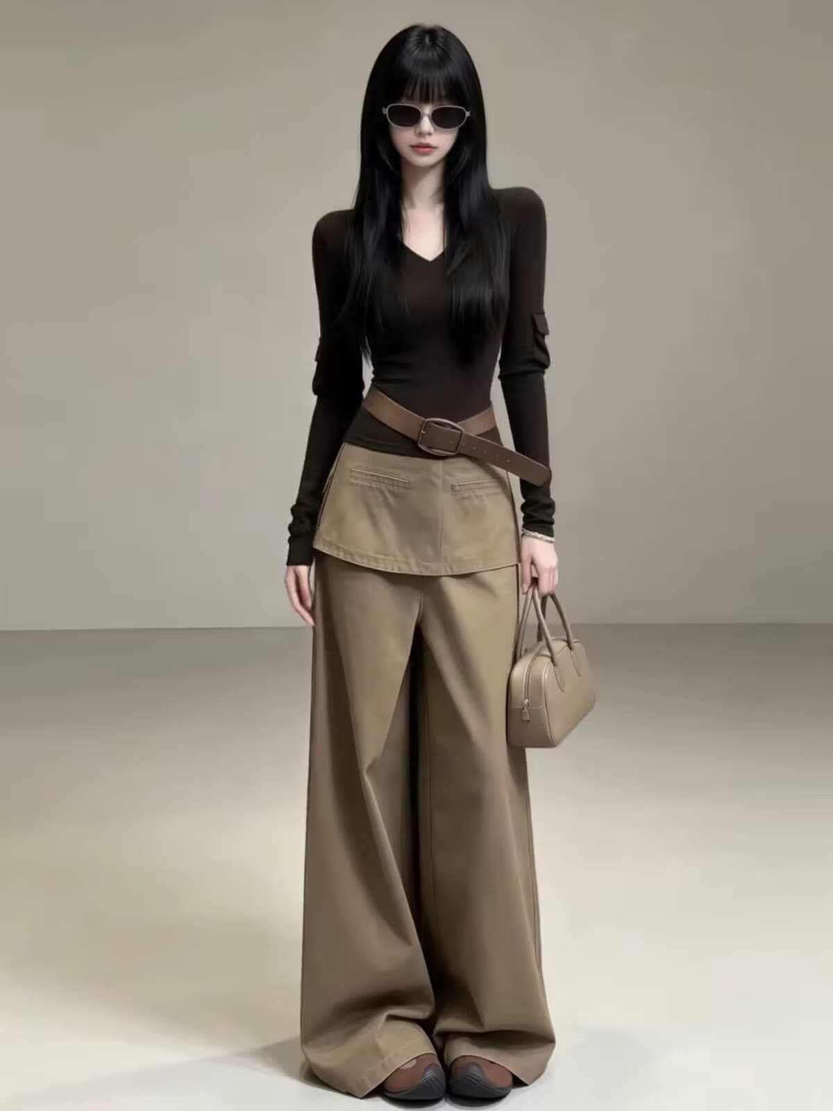 자이언트 잘 생긴 ootd 이른 가을 착용 가져 가라. 전체 집합 2026 새로운 V넥 긴팔 맨위 여성 와이드 레그 팬츠 투피스 슈트 상세 이미지 2