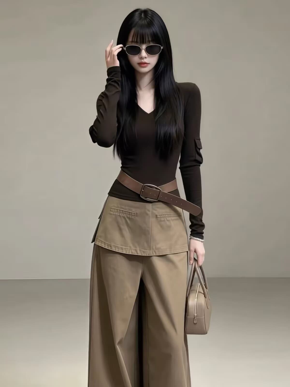 자이언트 잘 생긴 ootd 이른 가을 착용 가져 가라. 전체 집합 2026 새로운 V넥 긴팔 맨위 여성 와이드 레그 팬츠 투피스 슈트 상세 이미지 4