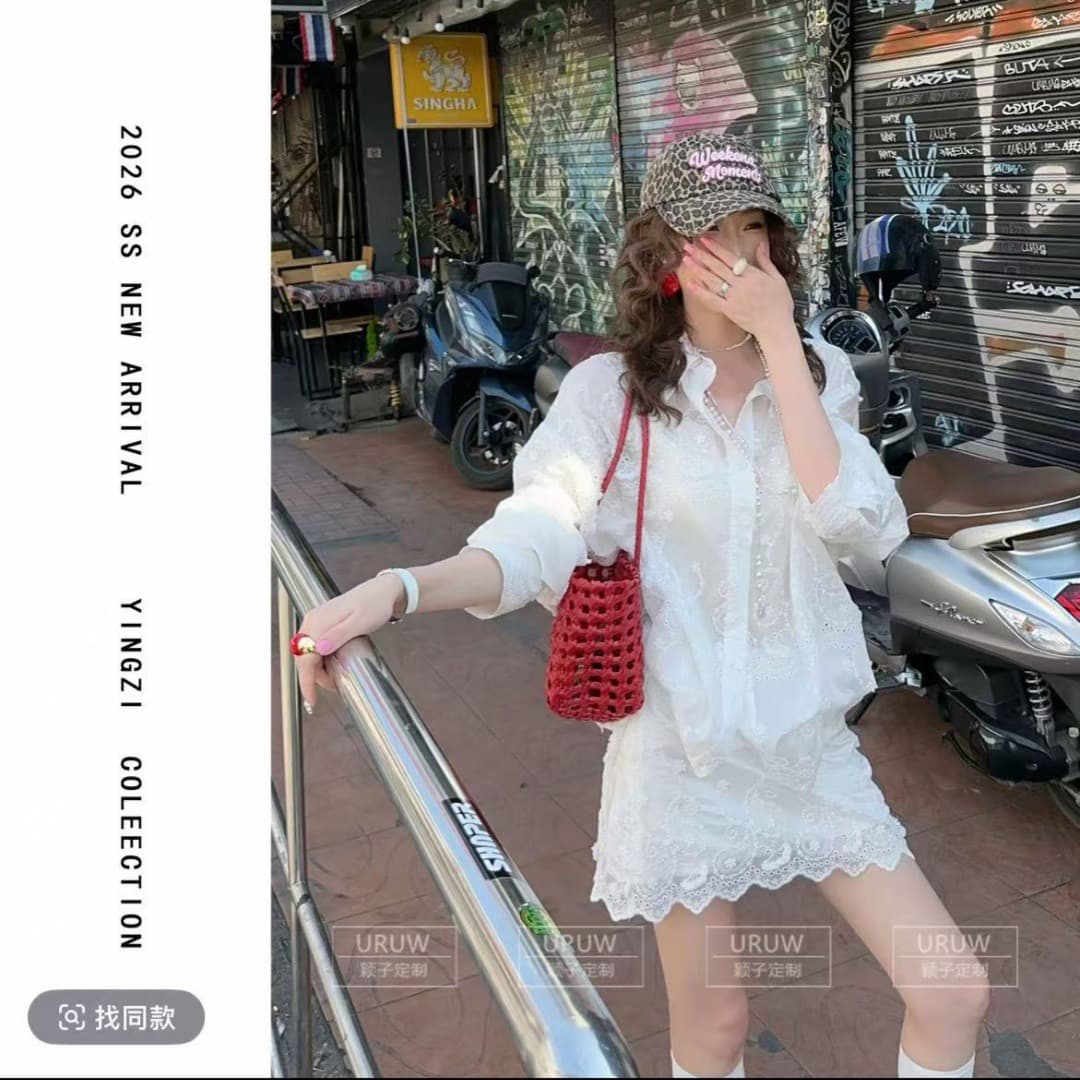잉 어린이 맞춤 하트 비트 온도 무거운 작업 디자인 센스 자수 자수 긴팔 여성 셔츠 레이스 미니 스커트 이미지 4