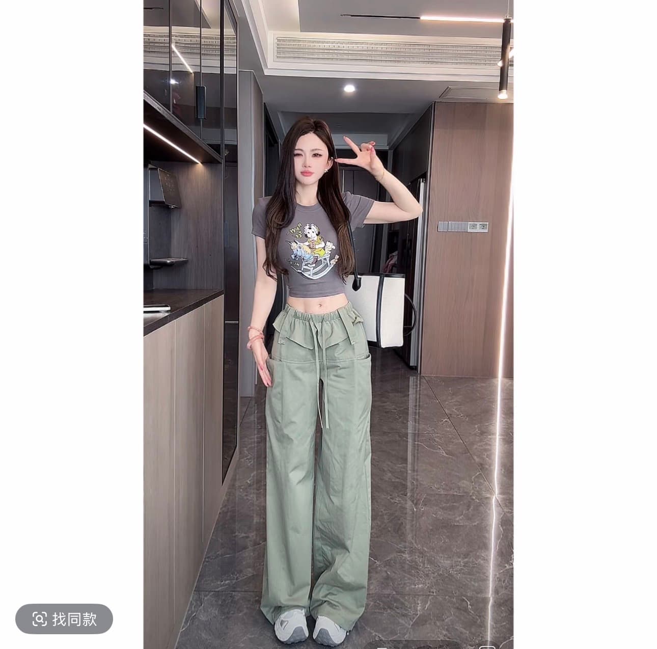 남자 남자 한 부서 레이스 측면 패치워크 라운드 넥 맨위 한국 스타일 거리 연꽃 잎 뒤집다 측면 워크웨어 팬츠 캐주얼 바지 세트 이미지 4