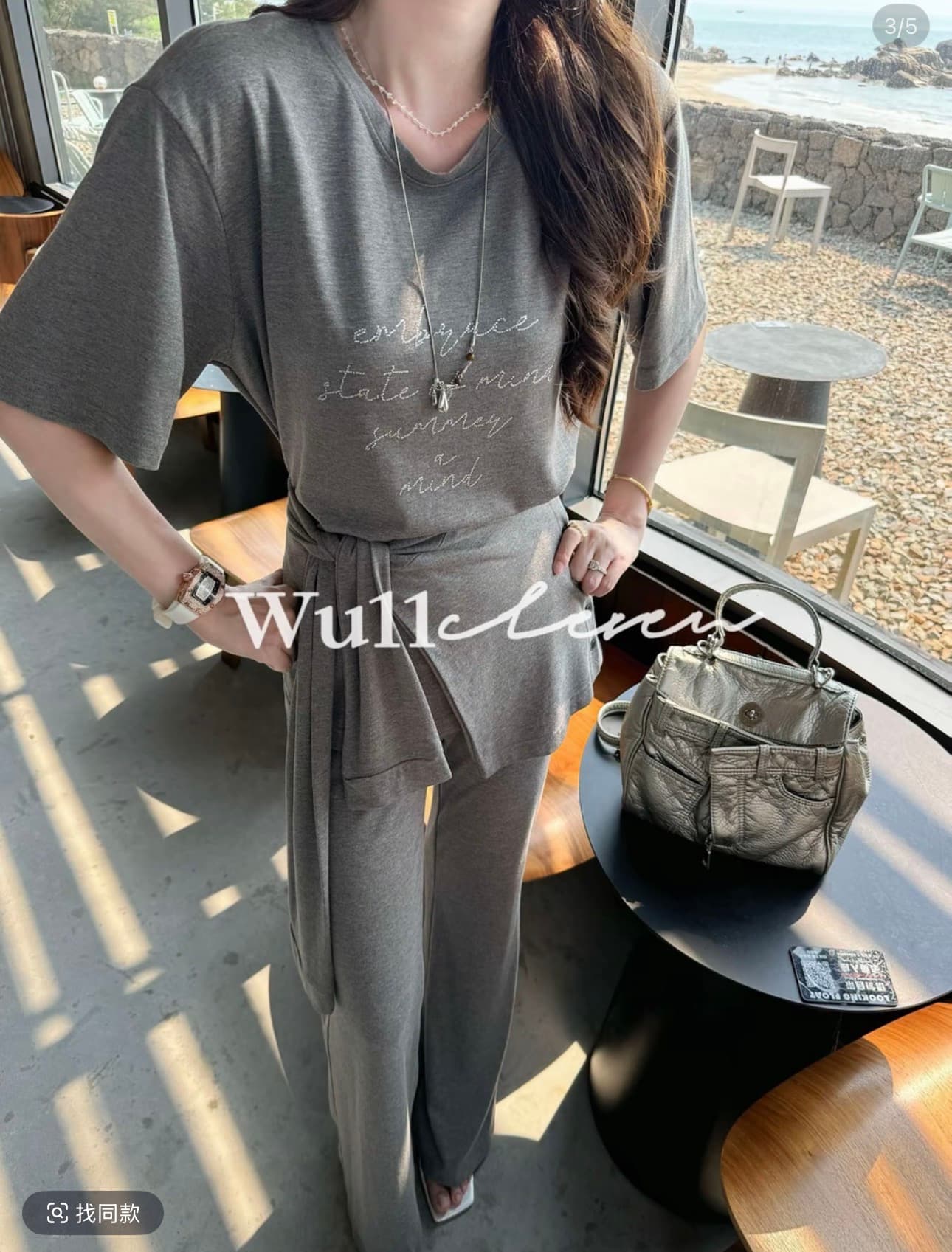 wu11 오리지널 다용도 라운드 넥 루즈핏 반팔 티셔츠 허리 인감 높은 허리 바지 패션 3종 세트 v 이미지 4