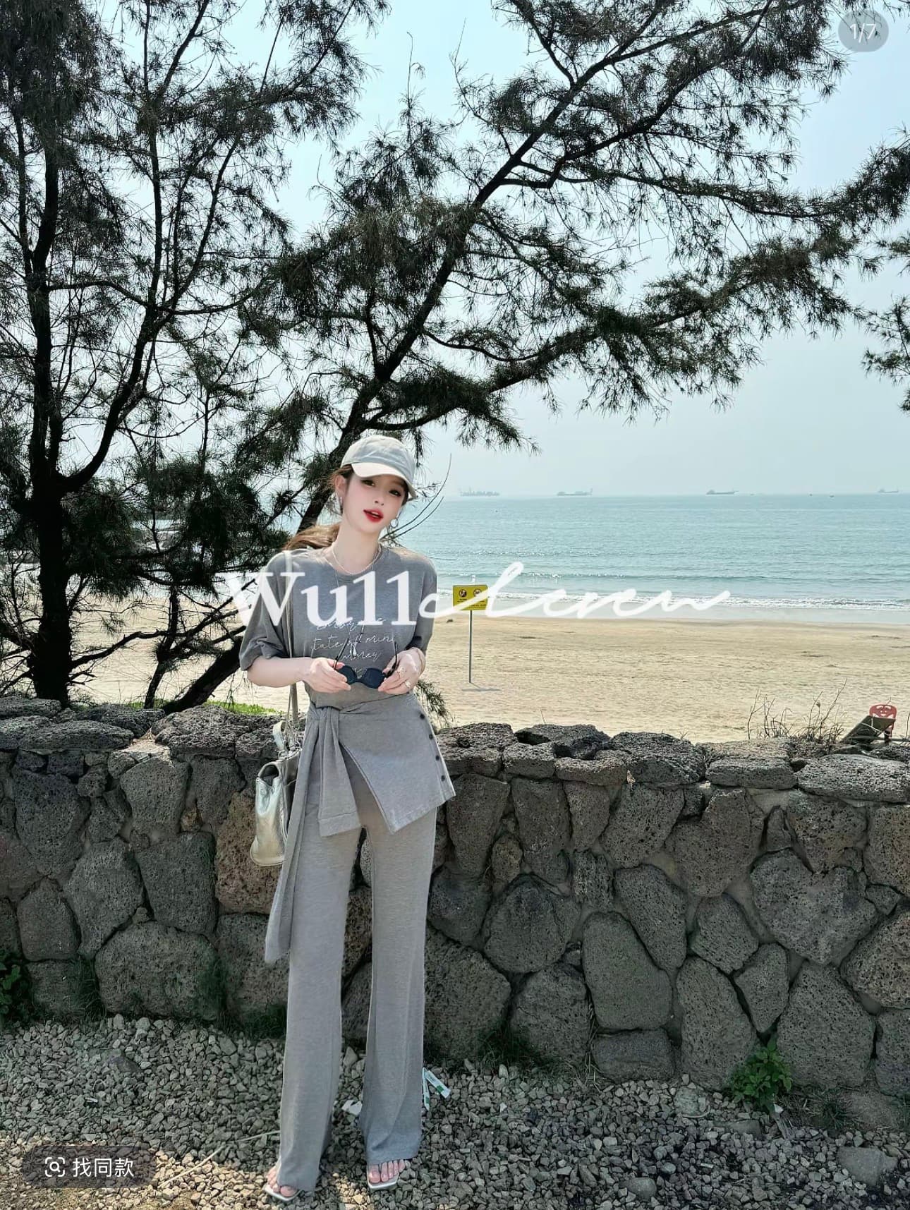 wu11 오리지널 다용도 라운드 넥 루즈핏 반팔 티셔츠 허리 인감 높은 허리 바지 패션 3종 세트 v