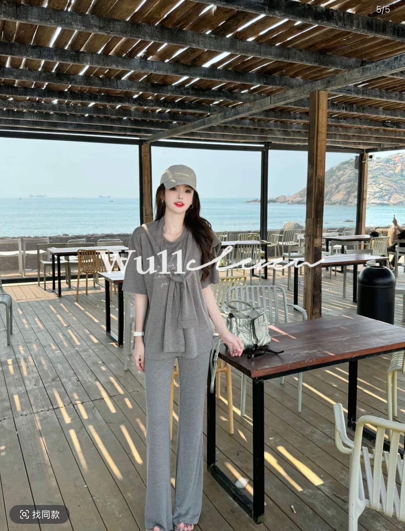 wu11 오리지널 다용도 라운드 넥 루즈핏 반팔 티셔츠 허리 인감 높은 허리 바지 패션 3종 세트 v 이미지 2