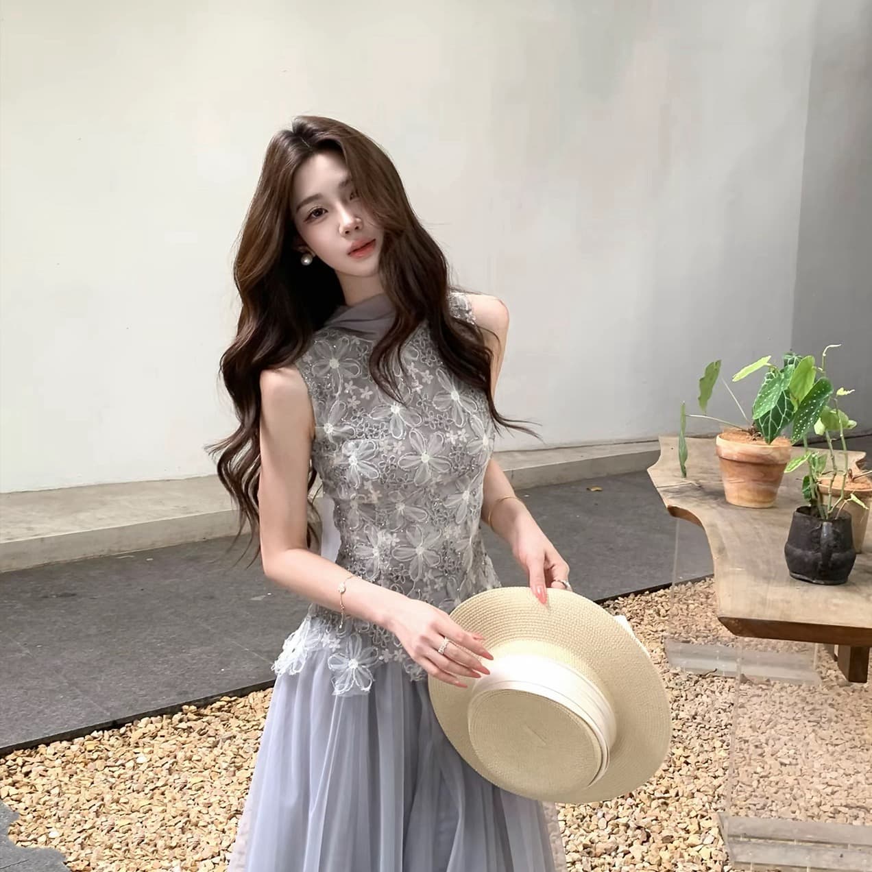 무쯔리 목자이 ~ 중 리 제직 밀가루 포함 꽃 감기 품격 3 차원 꽃잎 레이스 망사 패치워크 민소매 허리 수축 맨위
