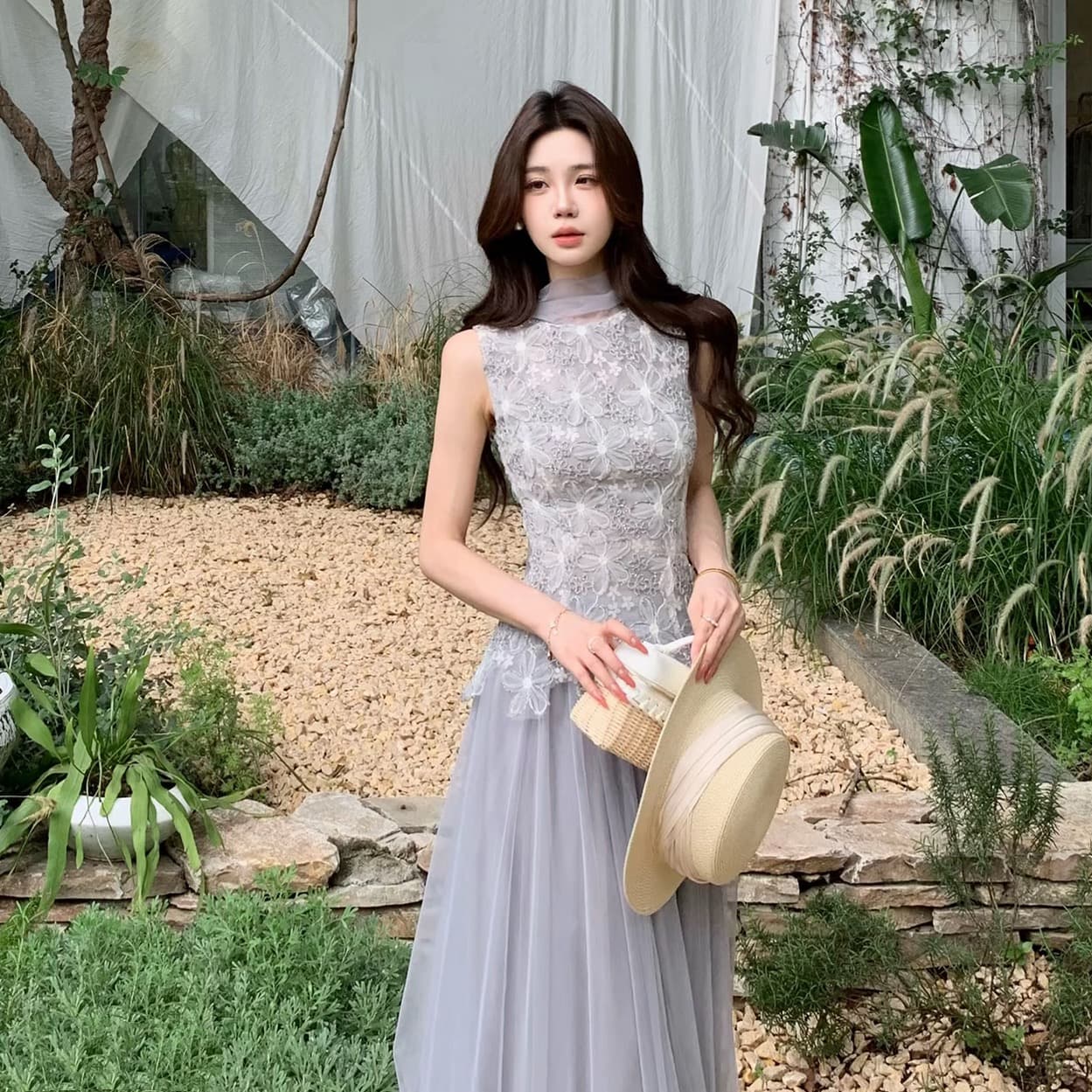 무쯔리 목자이 ~ 중 리 제직 밀가루 포함 꽃 감기 품격 3 차원 꽃잎 레이스 망사 패치워크 민소매 허리 수축 맨위 이미지 4