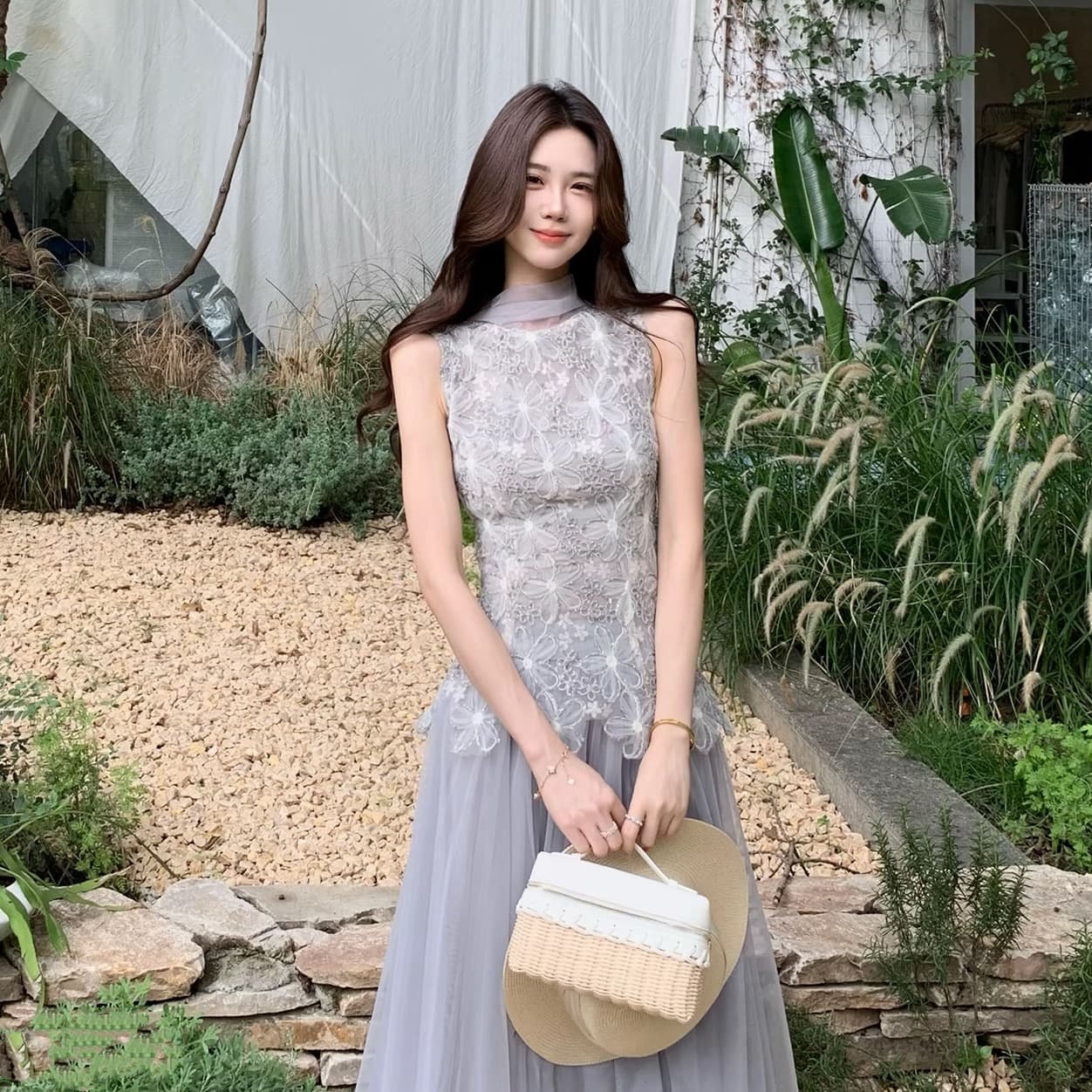 무쯔리 목자이 ~ 중 리 제직 밀가루 포함 꽃 감기 품격 3 차원 꽃잎 레이스 망사 패치워크 민소매 허리 수축 맨위 이미지 3