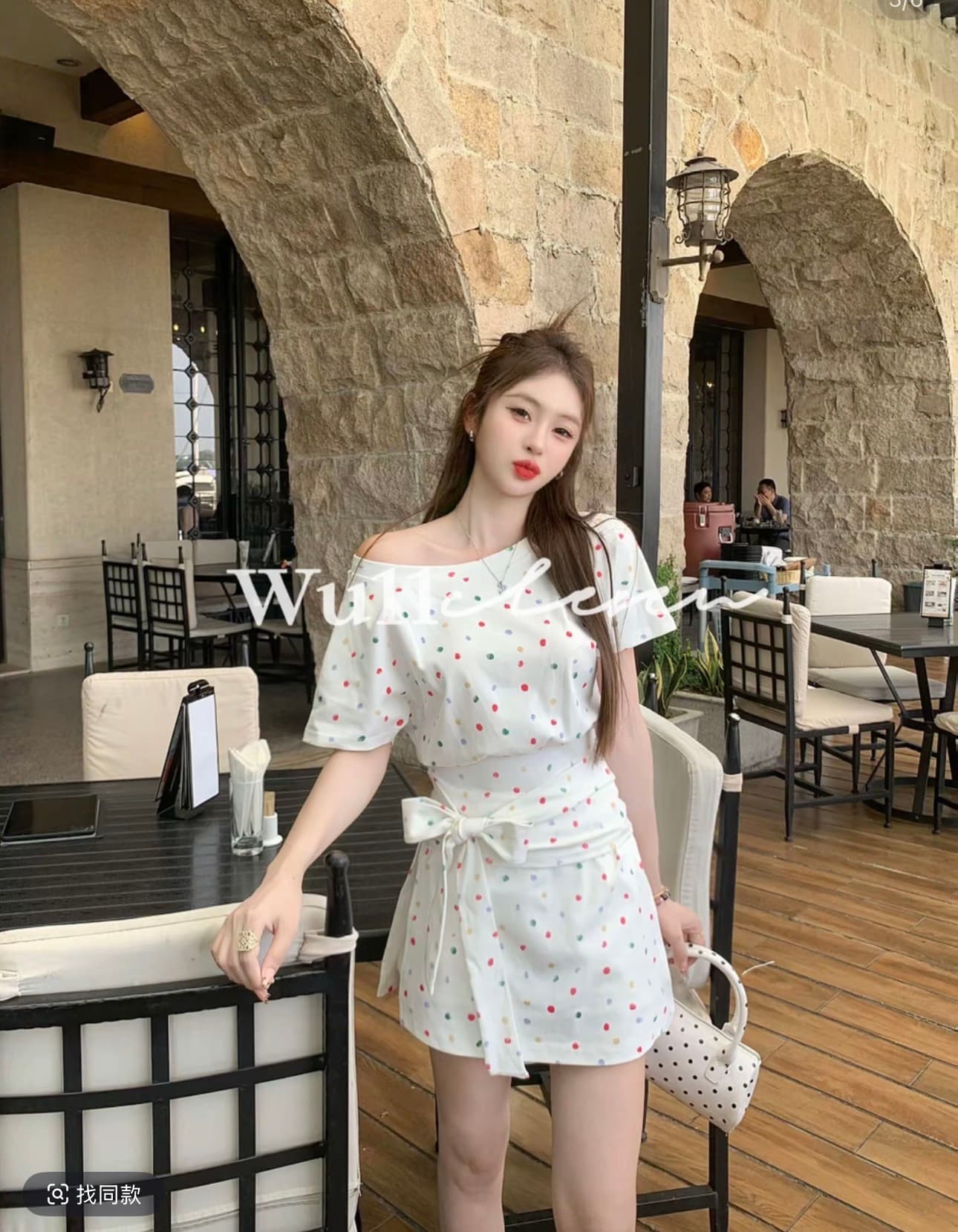 wu11 오리지널 외국 가스 연령 감소 품격 도트 무늬 허리 수축 맨위 트임 반 스커트 투피스 세트 이미지 2