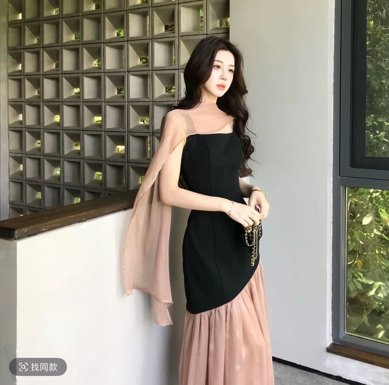 무쯔리 목자이 ~ 중 리 黛 분말 잉 어깨 디자인 센스 니트 패치워크 쉬폰 드레스 민소매 광장 칼라 인어 꼬리 롱 스커트 이미지 3