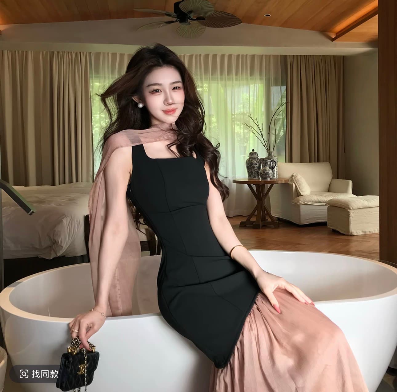 무쯔리 목자이 ~ 중 리 黛 분말 잉 어깨 디자인 센스 니트 패치워크 쉬폰 드레스 민소매 광장 칼라 인어 꼬리 롱 스커트 이미지 4