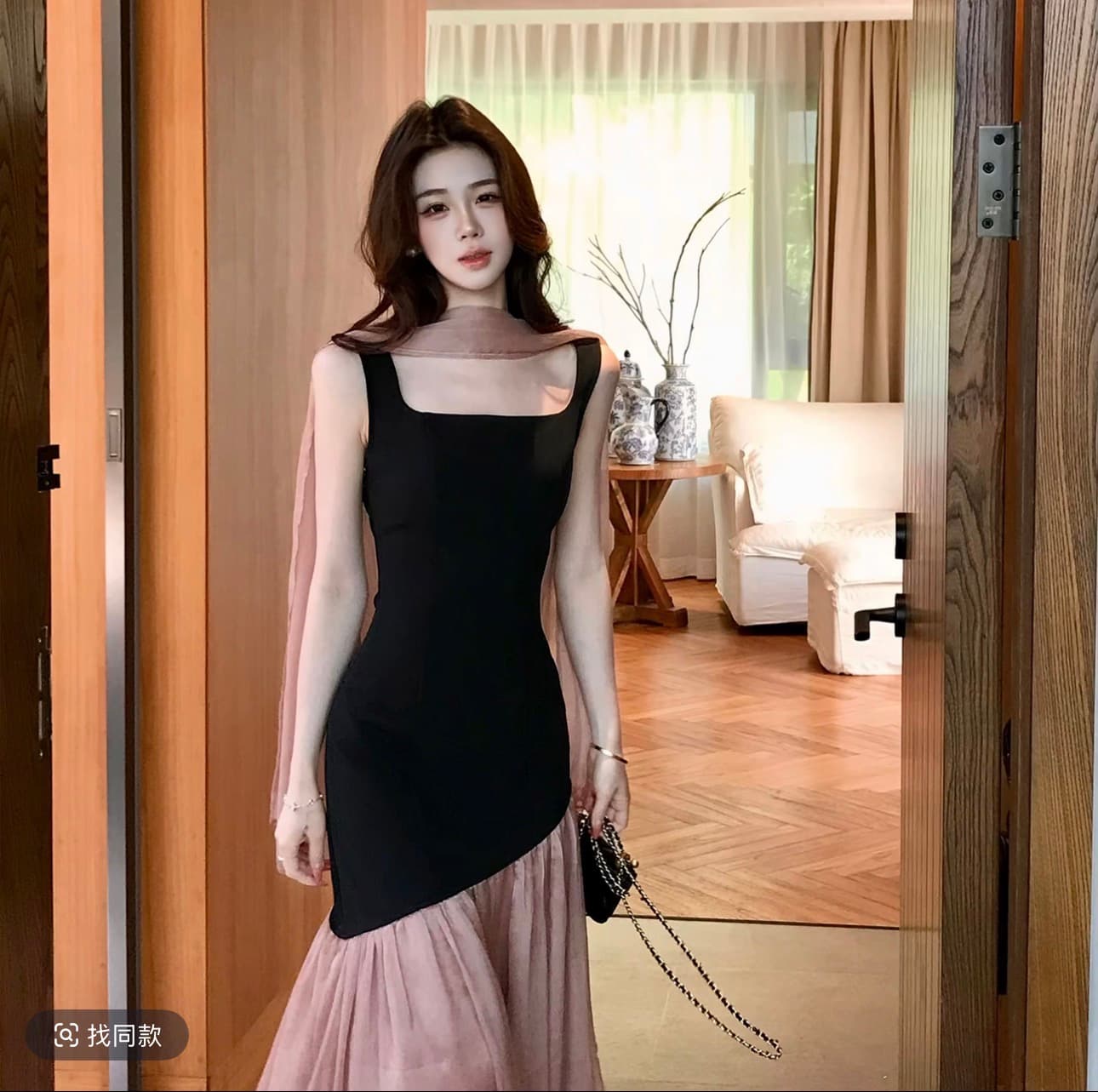 무쯔리 목자이 ~ 중 리 黛 분말 잉 어깨 디자인 센스 니트 패치워크 쉬폰 드레스 민소매 광장 칼라 인어 꼬리 롱 스커트 이미지 2