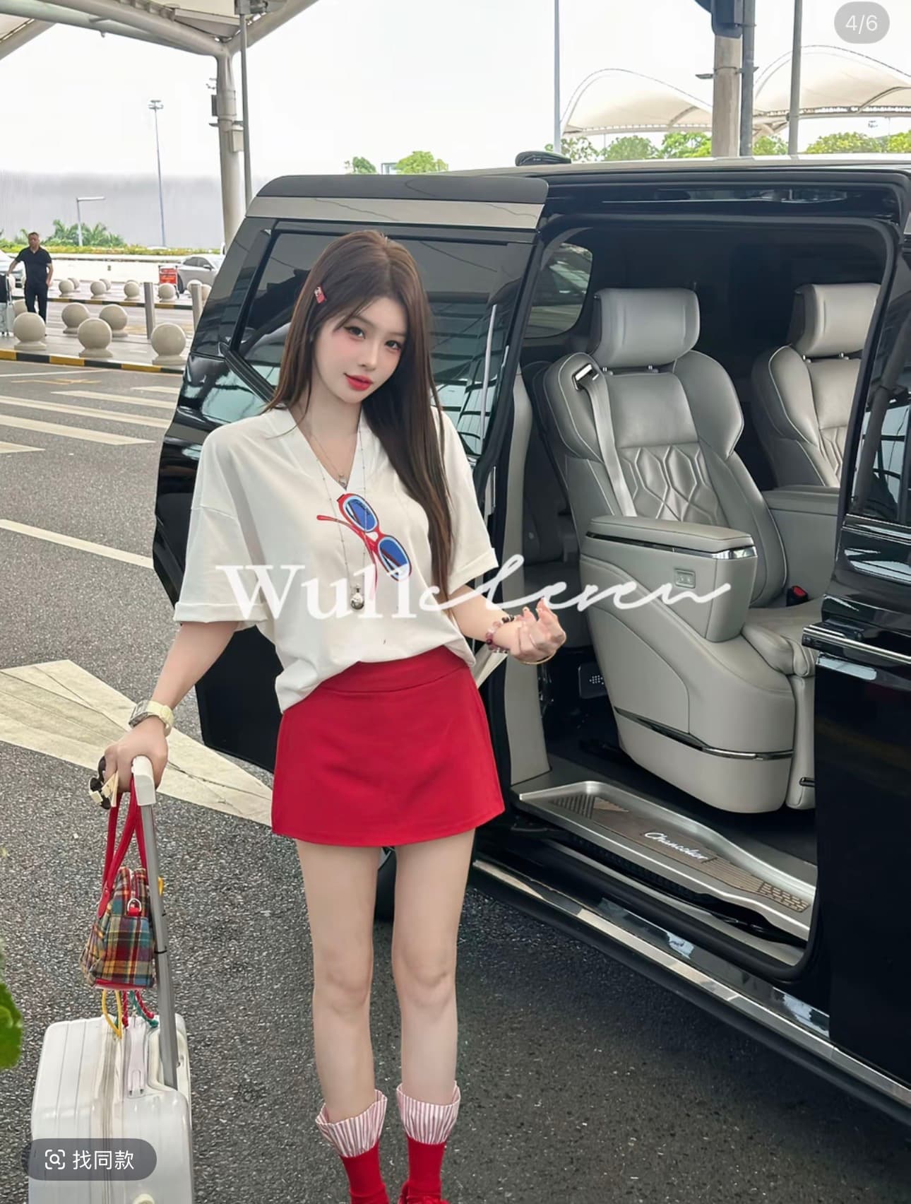 wu11 여름 새로운 디자인 센스 품격 슬림해 보이는 V넥 프린트 반팔 다용도 반 스커트 투피스 세트 이미지 3