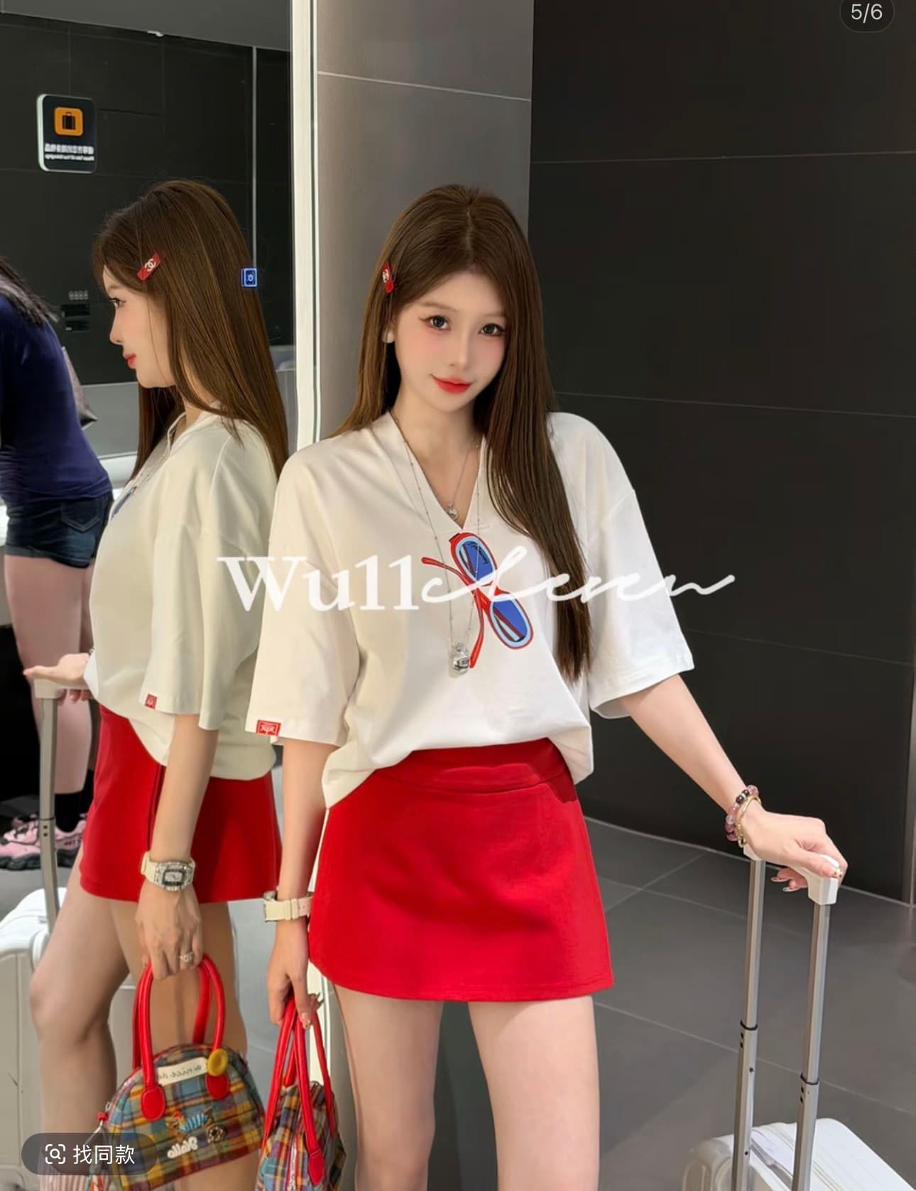 wu11 여름 새로운 디자인 센스 품격 슬림해 보이는 V넥 프린트 반팔 다용도 반 스커트 투피스 세트 이미지 2