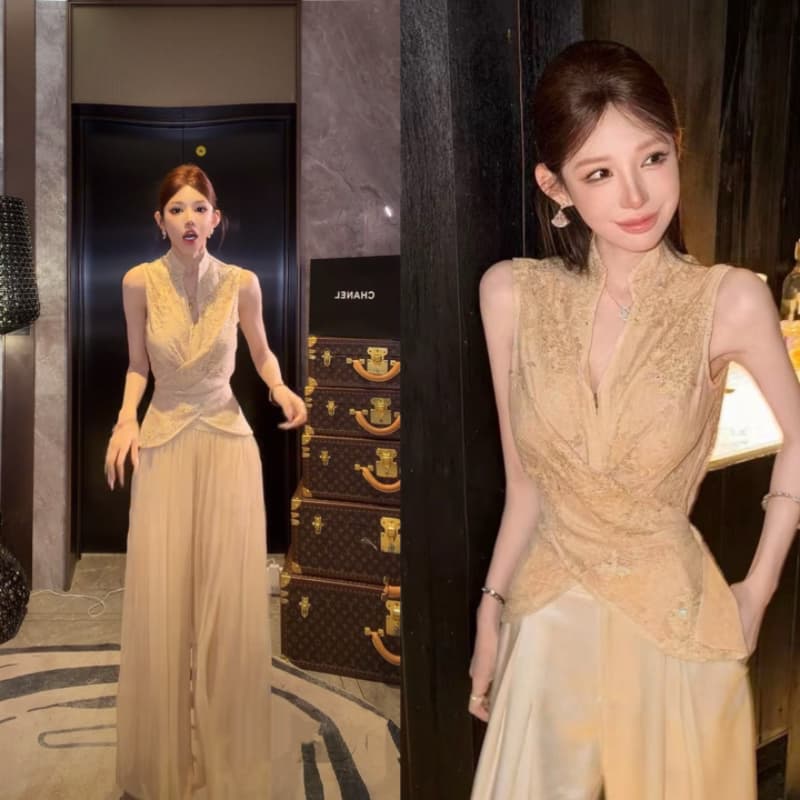 핑크색 丨 판금 작성자 바람 디자인 센스 새로운 중식 레이스 조각 민소매 홀로우 아웃 맨위