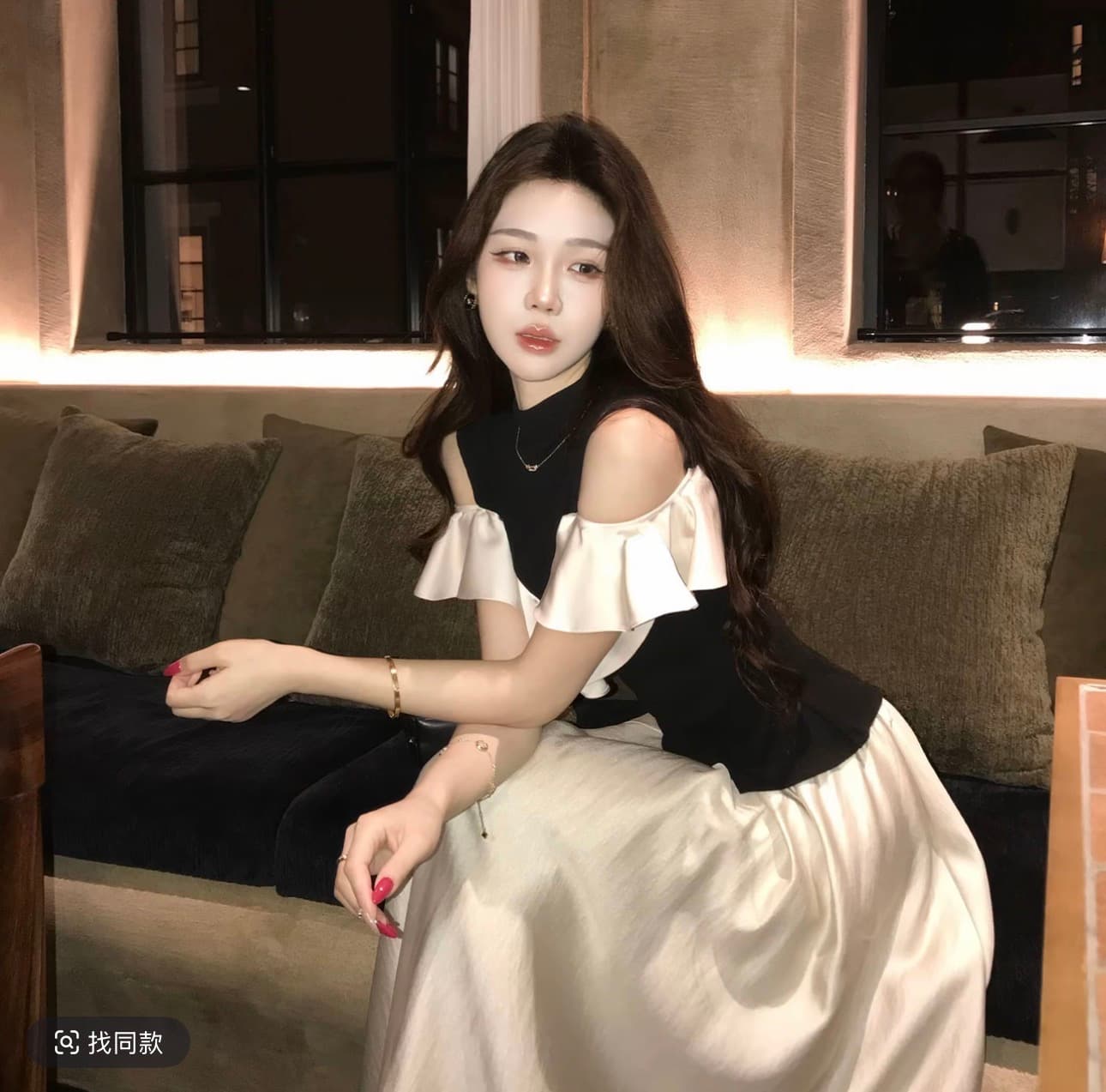 무쯔리 목자이 ~ 중 리 밤 물론 矜 부드러운 디자인 센스 배색 니트 패치워크 프릴 맨위 새틴 반신 스커트 여성