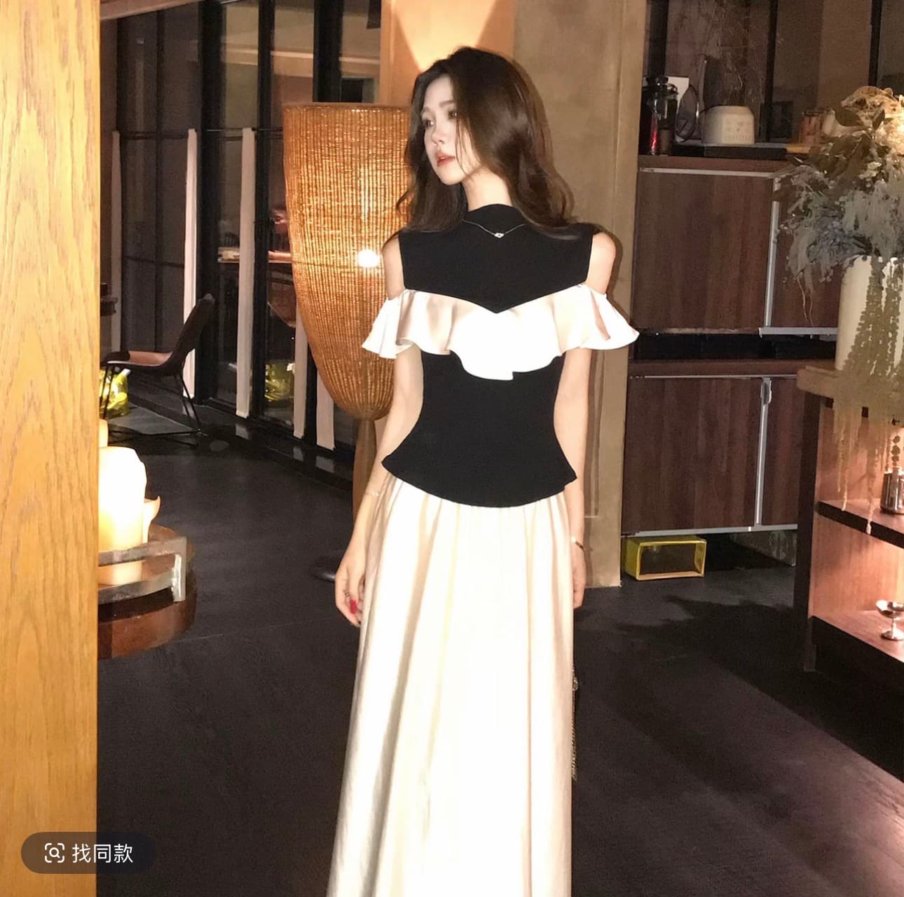 무쯔리 목자이 ~ 중 리 밤 물론 矜 부드러운 디자인 센스 배색 니트 패치워크 프릴 맨위 새틴 반신 스커트 여성 이미지 4