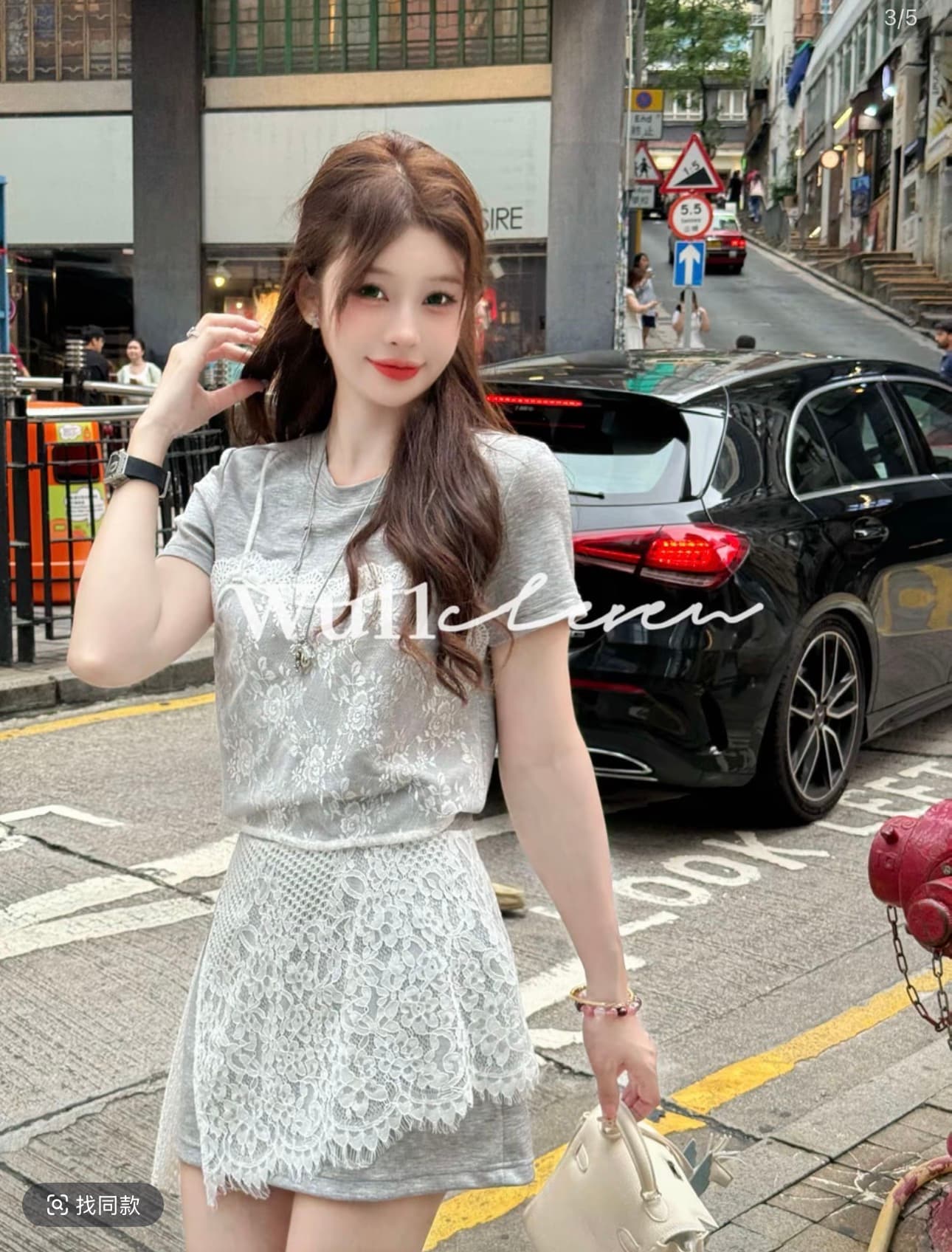 wu11 오리지널 라이 경기 서울 여름 캐주얼 바람 레이스 반팔 맨위 반신 스커트 투피스 세트 이미지 3
