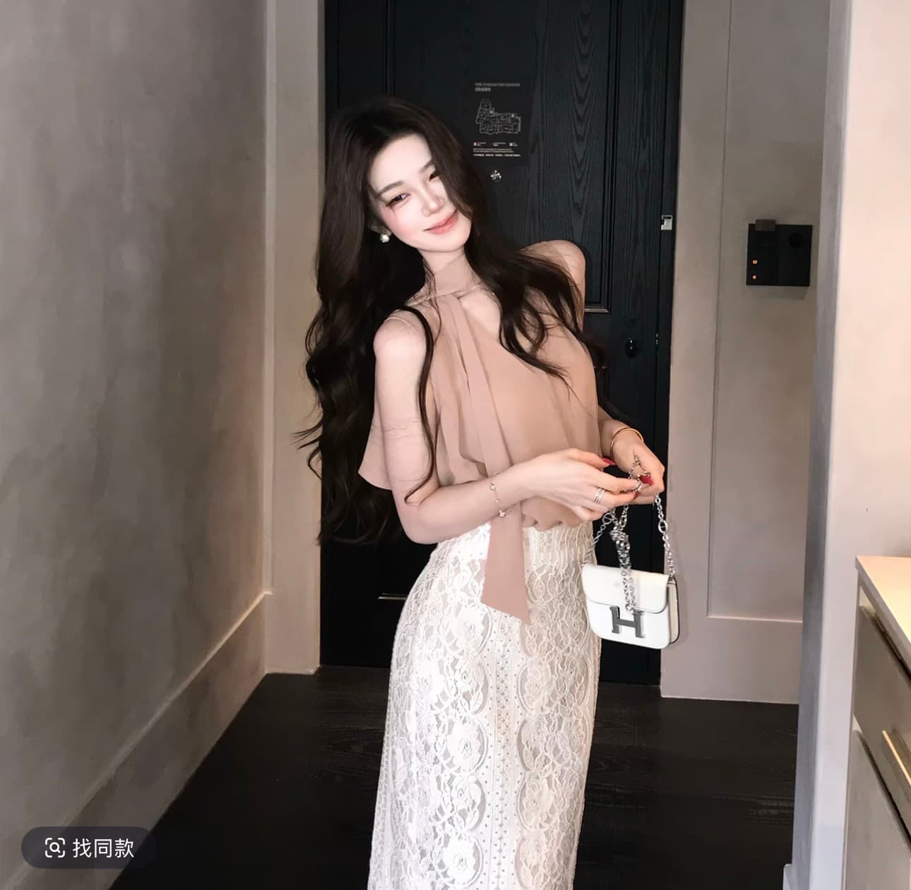 무쯔리 목자이 ~ 중 리 얕은 꿈 지성 디자인 센스 민소매 V넥 리본 쉬폰 톱 홀로우 아웃 레이스 반신 스커트