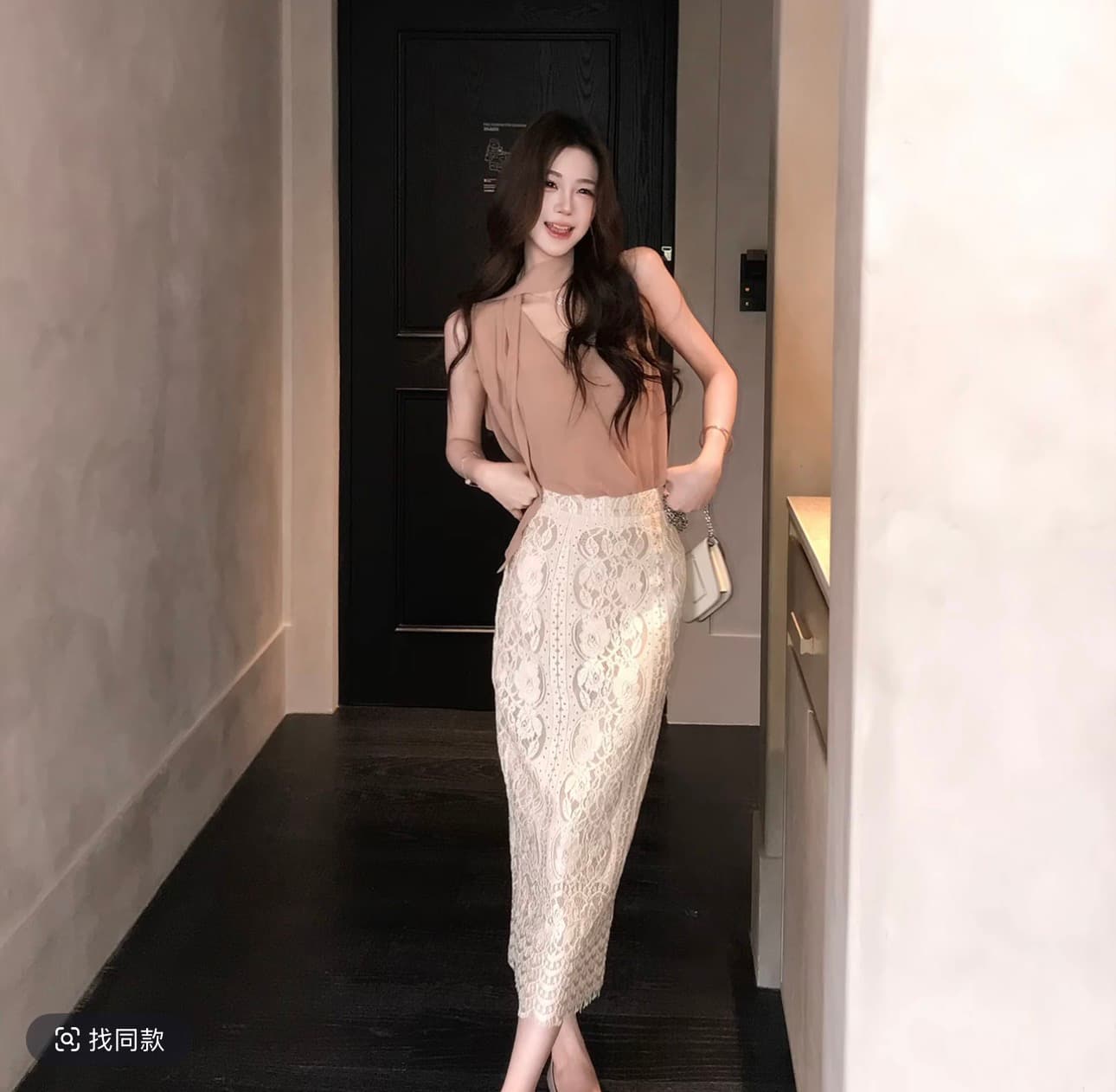 무쯔리 목자이 ~ 중 리 얕은 꿈 지성 디자인 센스 민소매 V넥 리본 쉬폰 톱 홀로우 아웃 레이스 반신 스커트 이미지 3