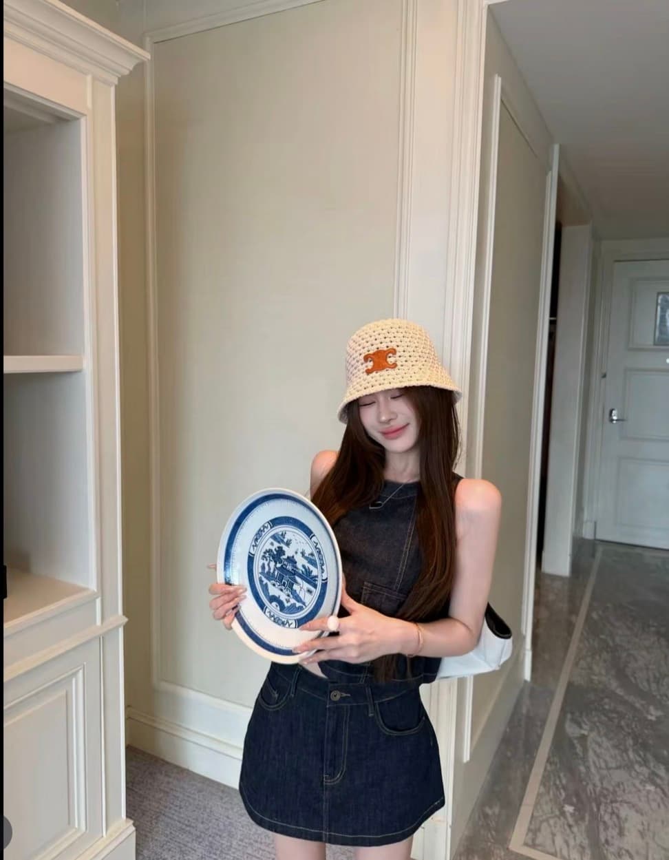 쌀 Na 홈 여름 마드리드 파란색 부드러운 찹쌀 데님 조끼 반 스커트 세트 이미지 3