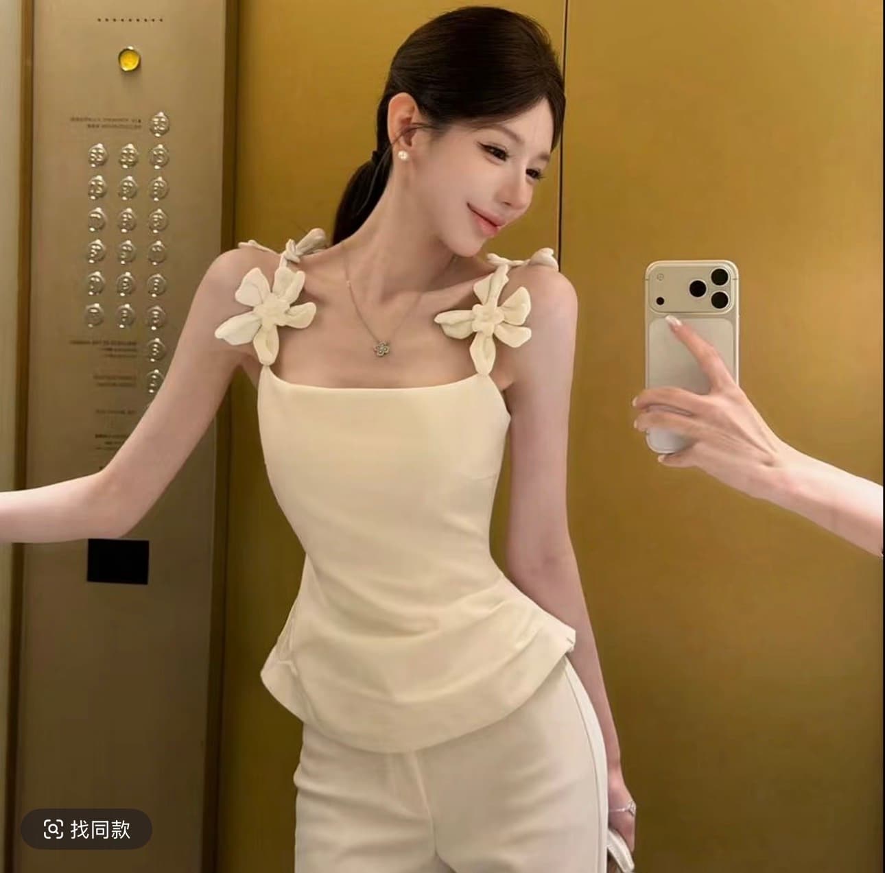 핑크색 꽃 어깨 가져 가라. 우아한 3 차원 꽃 어깨 벨트 측면 칼라 슬립 허리 수축 작은 셔츠 맨위 fh26b2t2313 이미지 3