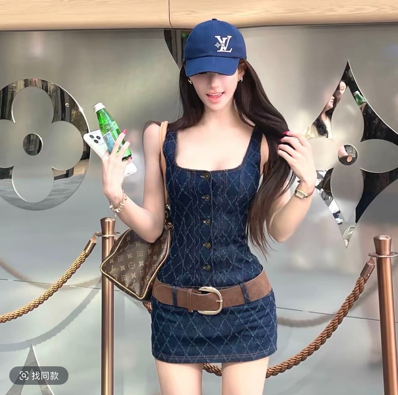 먼지 덩 덩 blue tone filter 작은 샤넬 스타일 다이아몬드 모양 체크무늬 데님 드레스 이미지 3
