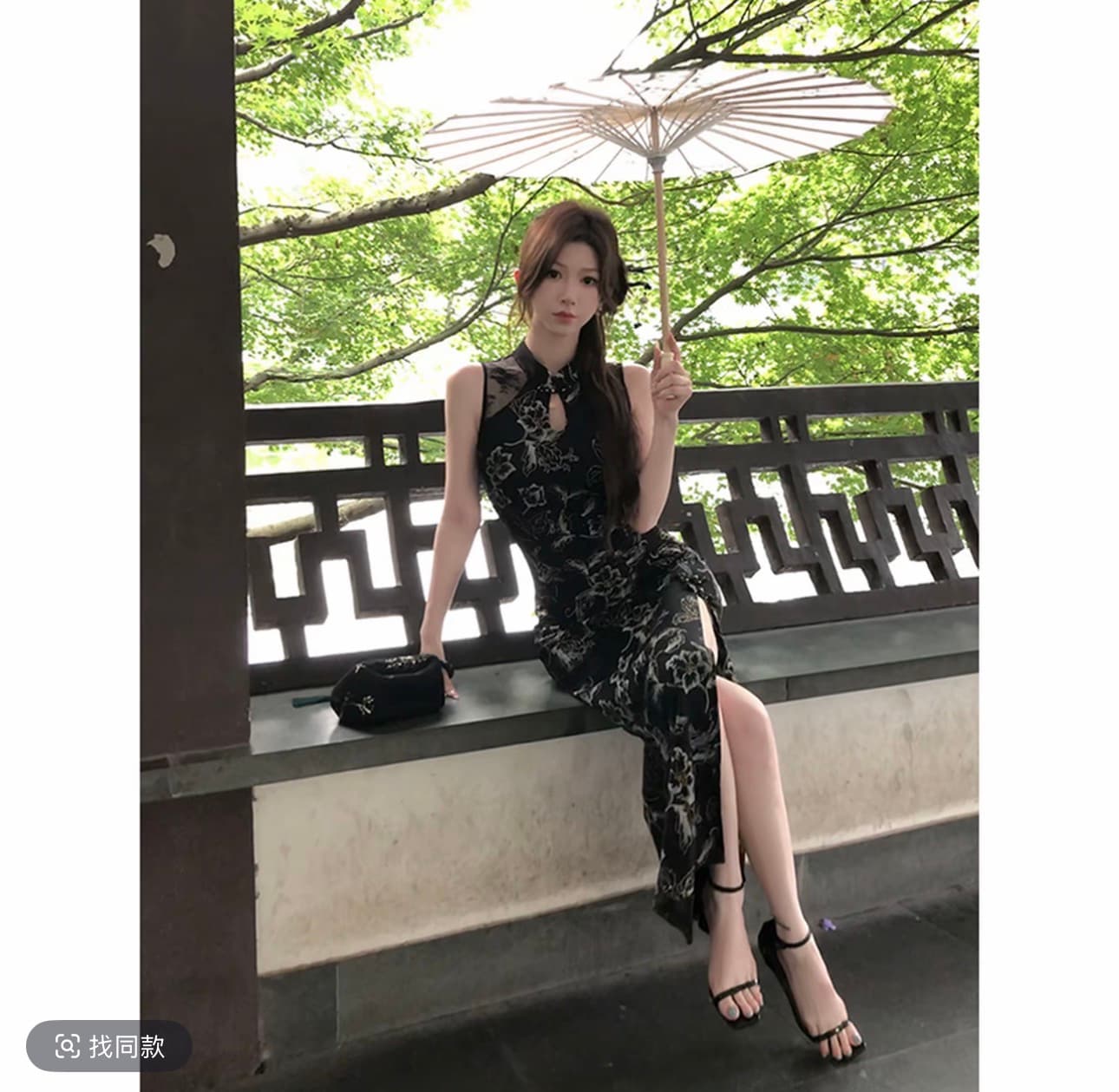 비 자매 녹색 대나무 잉크 그림자 레이스 조각 프린트 개선 국풍 치파오 짧은 여성 드레스 2026 여름 섹션 이미지 3