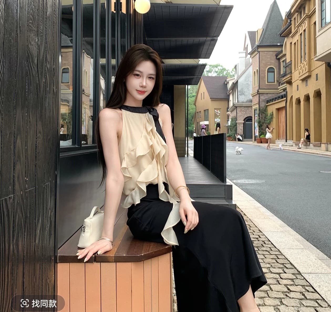 무쯔리 목자이 ~ 중 리 제커우 시리아 부드러운 빛 요리 한 바람 민소매 행침 목 프릴 맨위 하이웨이스트 새틴 반 스커트 세트 이미지 2