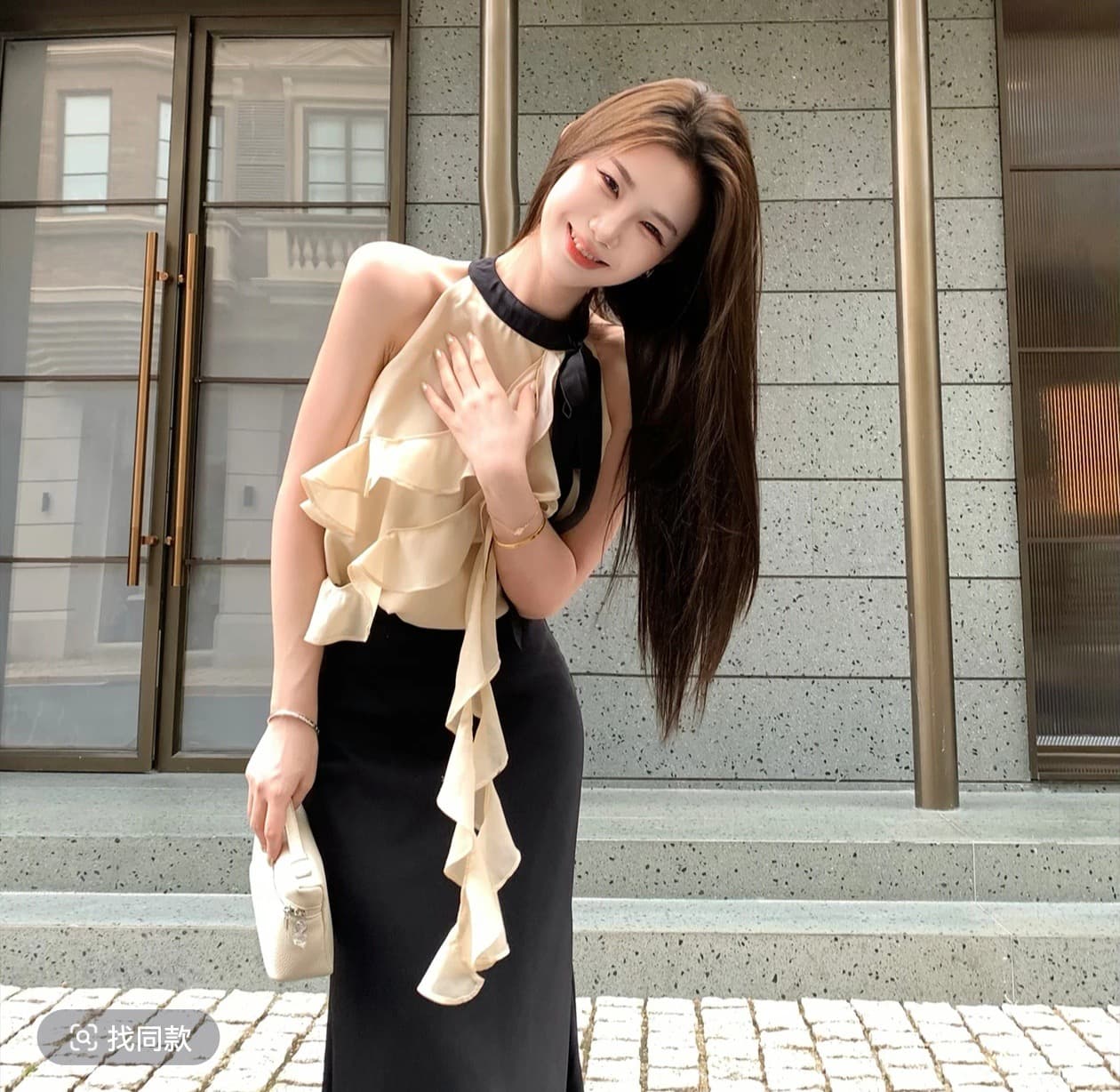 무쯔리 목자이 ~ 중 리 제커우 시리아 부드러운 빛 요리 한 바람 민소매 행침 목 프릴 맨위 하이웨이스트 새틴 반 스커트 세트