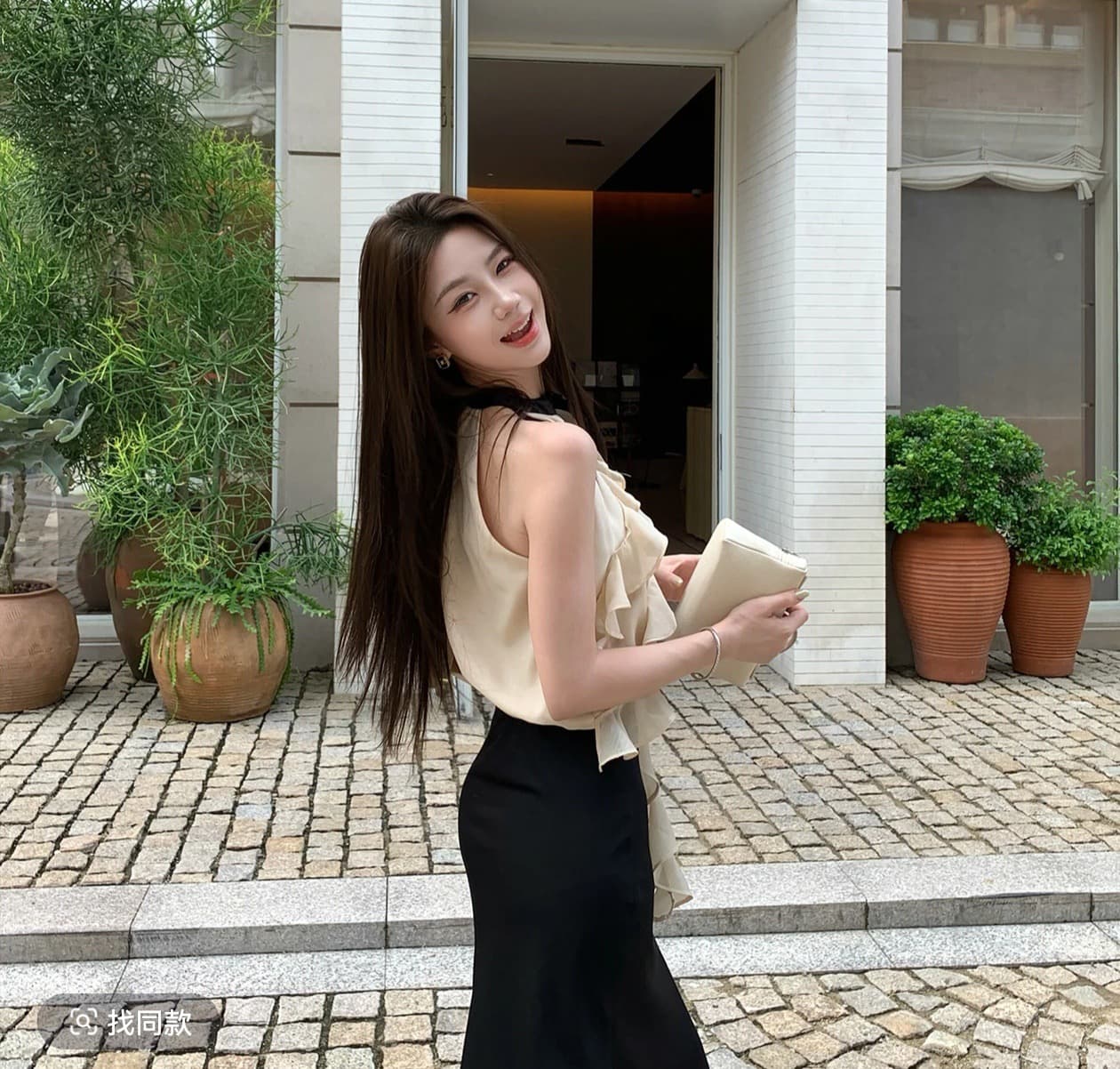무쯔리 목자이 ~ 중 리 제커우 시리아 부드러운 빛 요리 한 바람 민소매 행침 목 프릴 맨위 하이웨이스트 새틴 반 스커트 세트 이미지 3