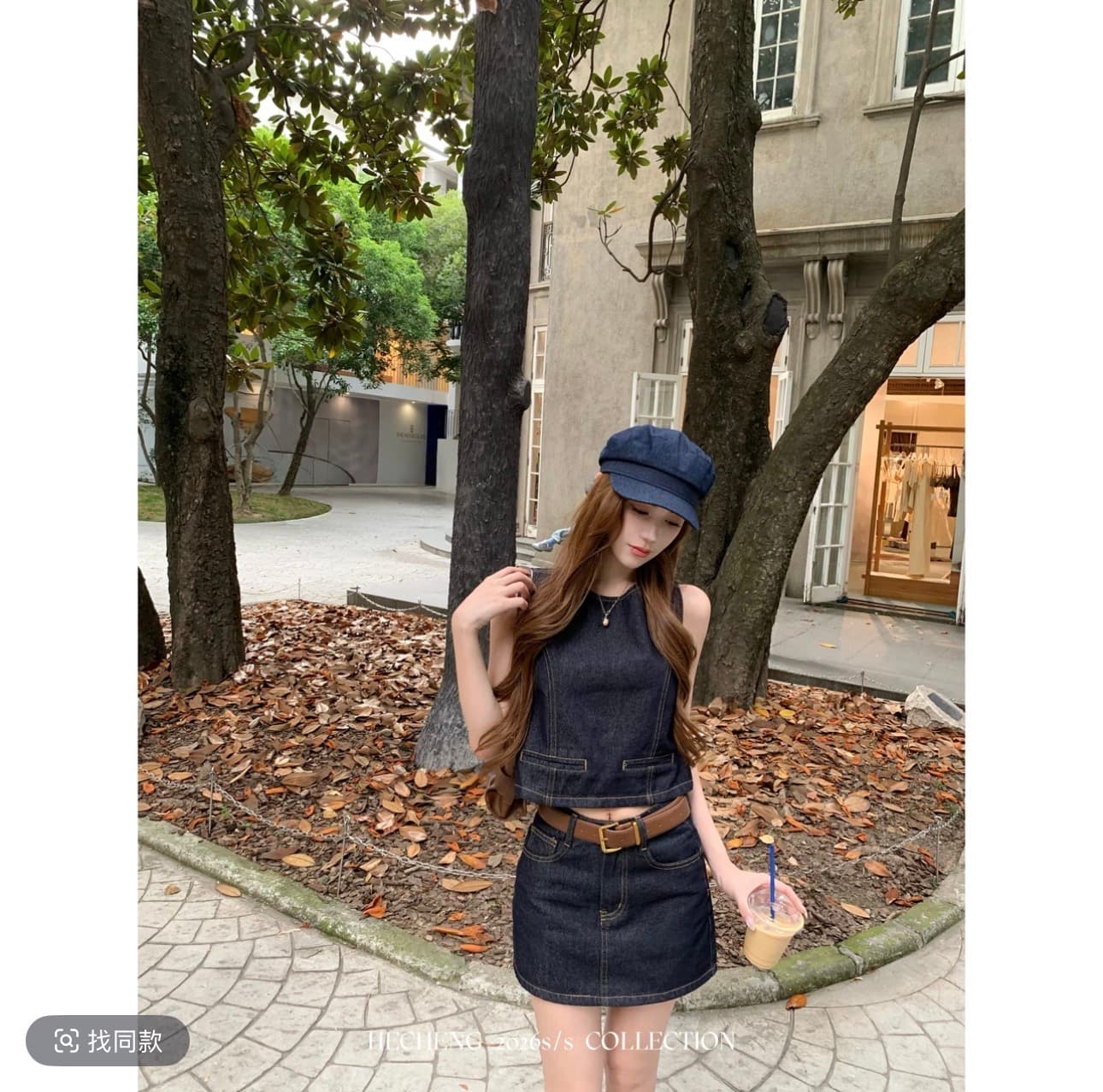 와우 현재 아메리칸 레트로 데님 세트 여성 여름 슬림해 보이는 민소매 맨위 반신 스커트 투피스 세트
