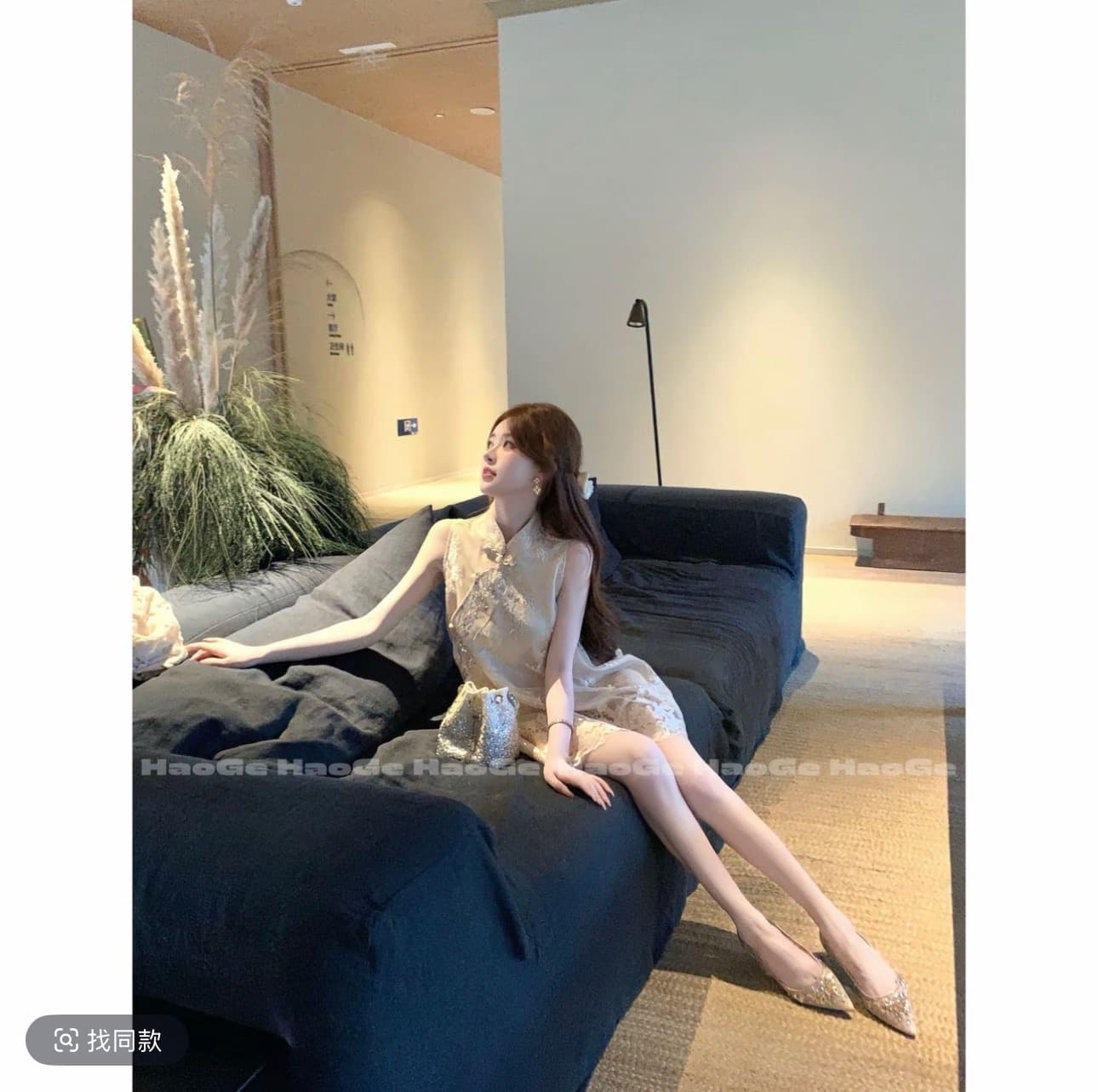 하오 형제 엄격한 선택 쇼어 친 팅 블루 hgc6lyq6858b 드레스 사전 품격 중국풍 슬림해 보이는 민소매 디자인 이미지 3