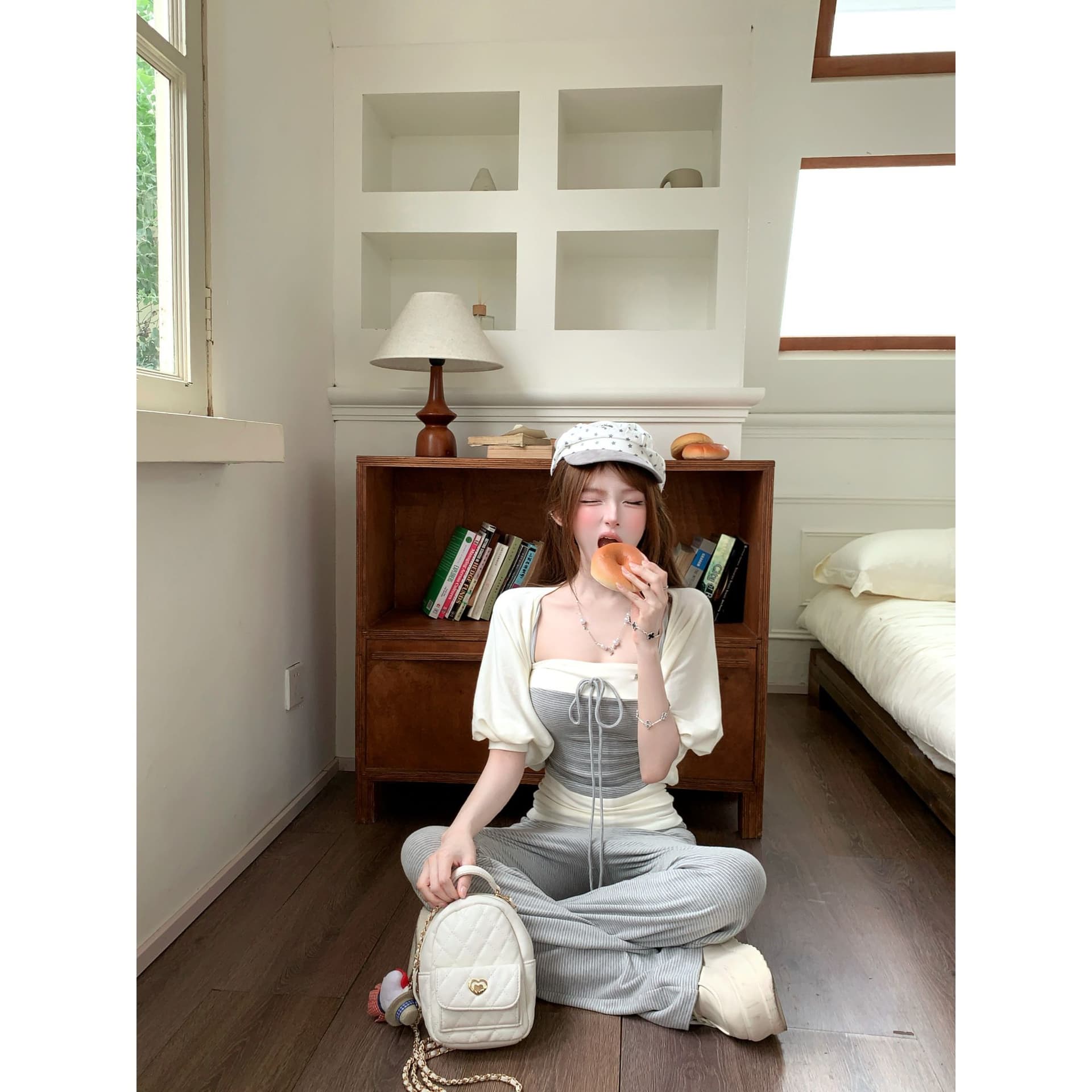루이 茜 웨이 Sher S 느긋한 time 여름 순수한 욕망 바람 작은 대중 디자인 슬립 오픈 가디건 긴 바지 이미지 4